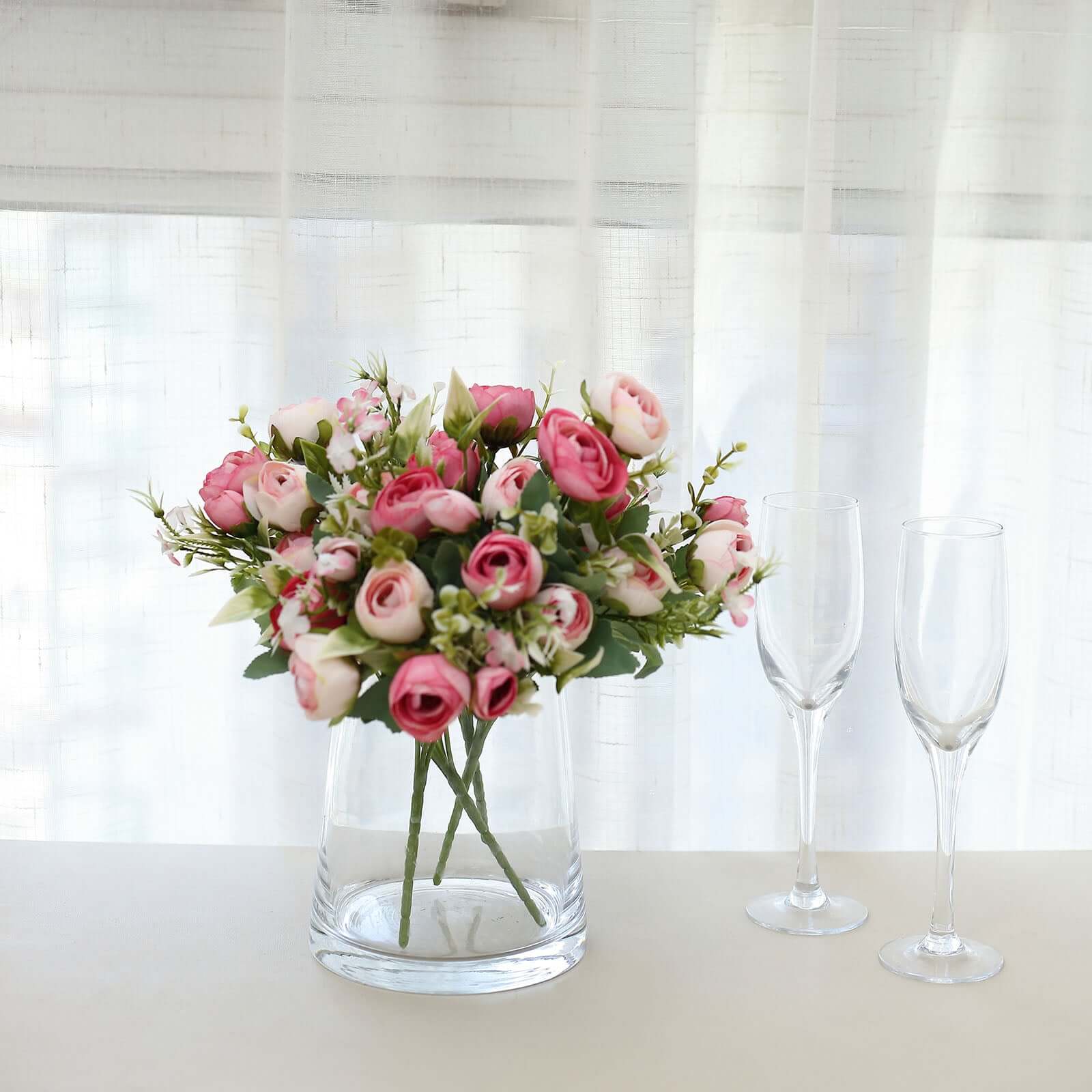 4 Pack 12" Artificial Pink Ranunculus Silk Flower Bridal Bouquets, Faux Buttercup Floral Arrangement