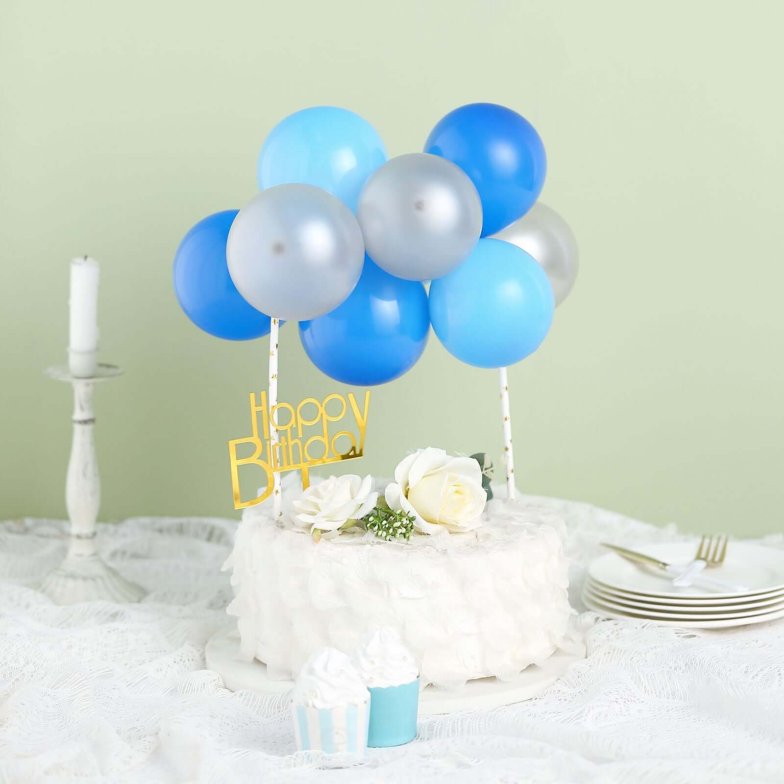 11 Pcs Balloon Cake Topper Light Blue, Royal Blue and Silver - Whimsical Clustered Mini Garland Cake Inserts DIY Party Decorations