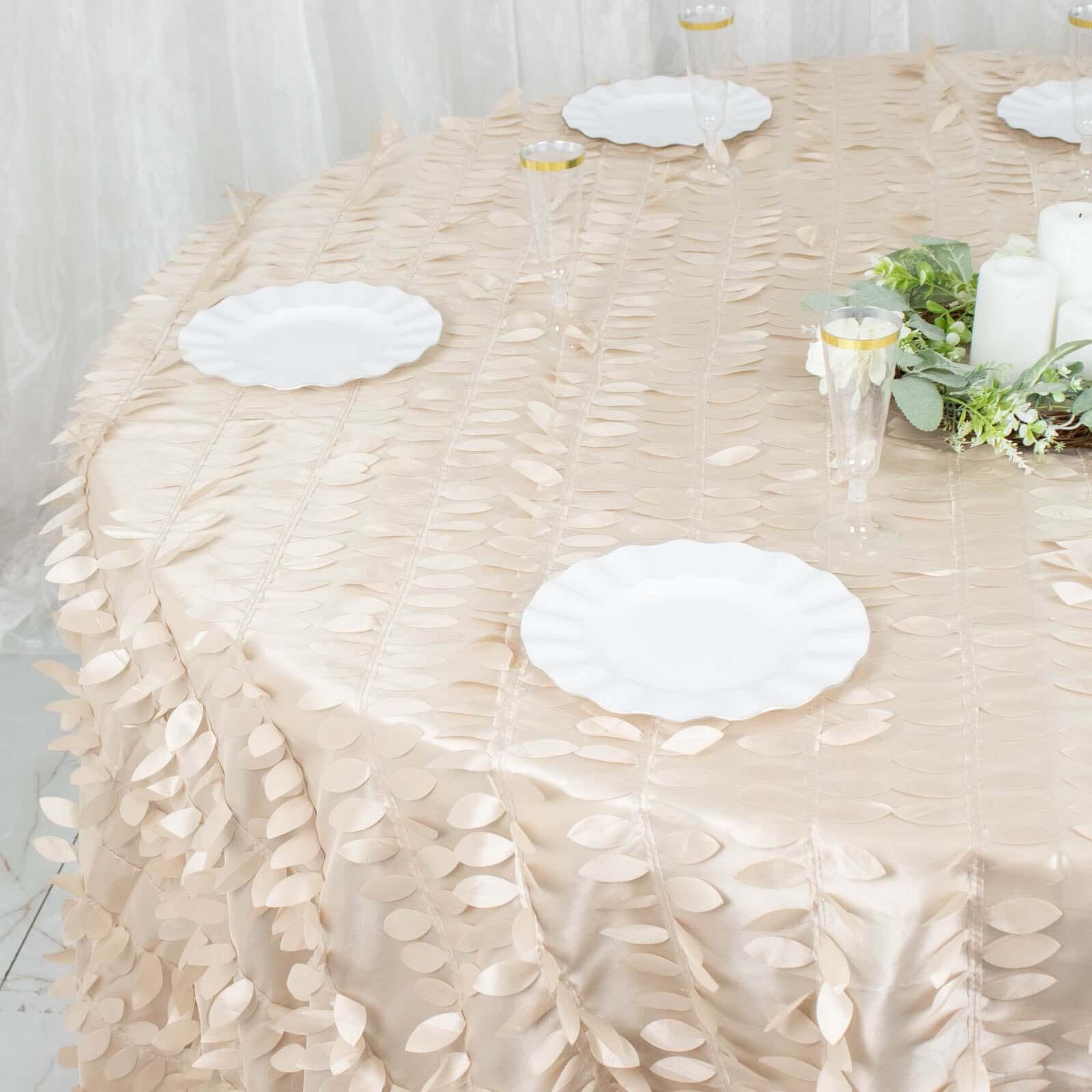 Taffeta 132" Round Tablecloth Beige 3D | 3D Leaf Petal Design Seamless Table Cover