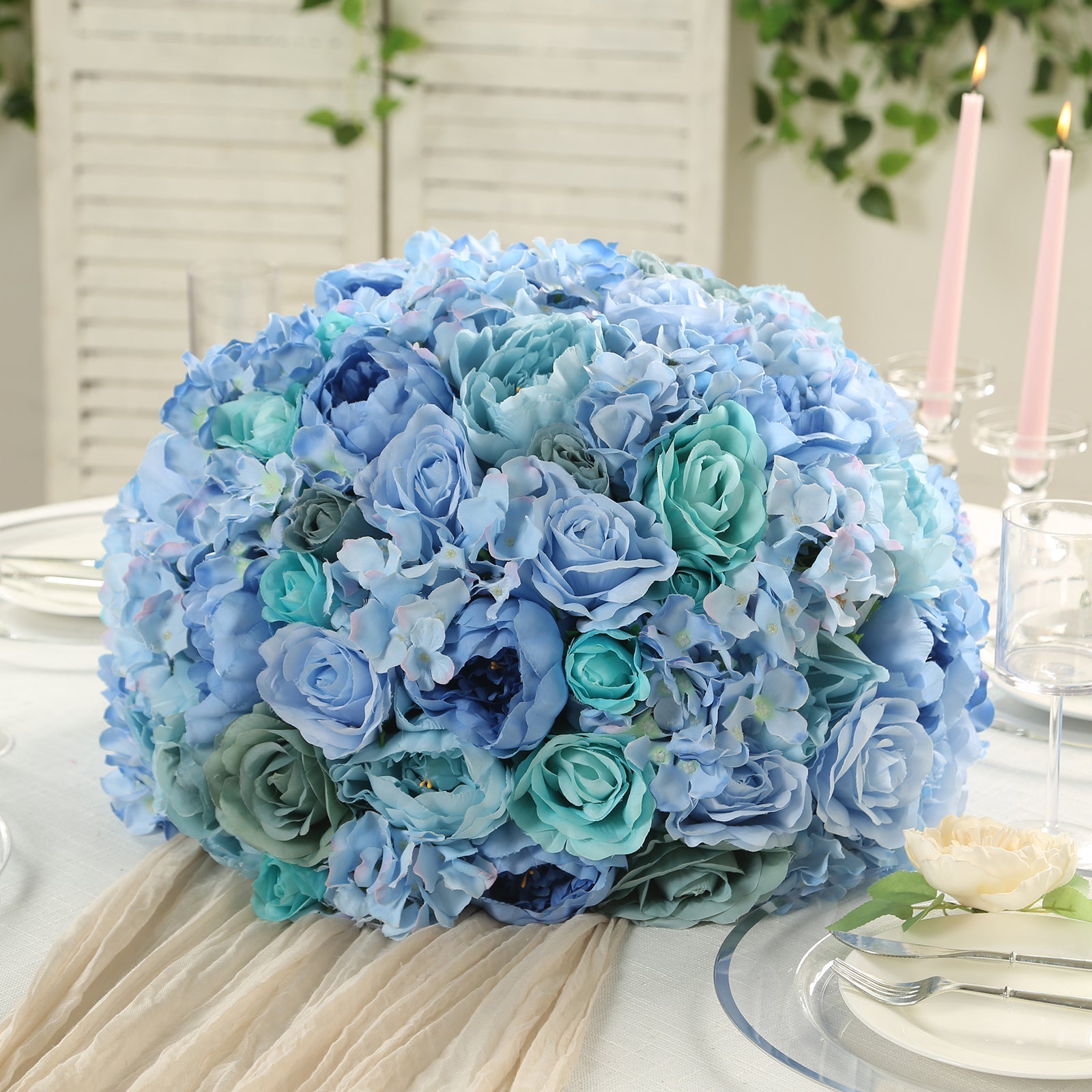 Pre-Arranged Silk Rose Bouquet Floral Arrangement Table Decor, Large Blue Artificial Rose Flower Balls Wedding Centerpieces - 20"