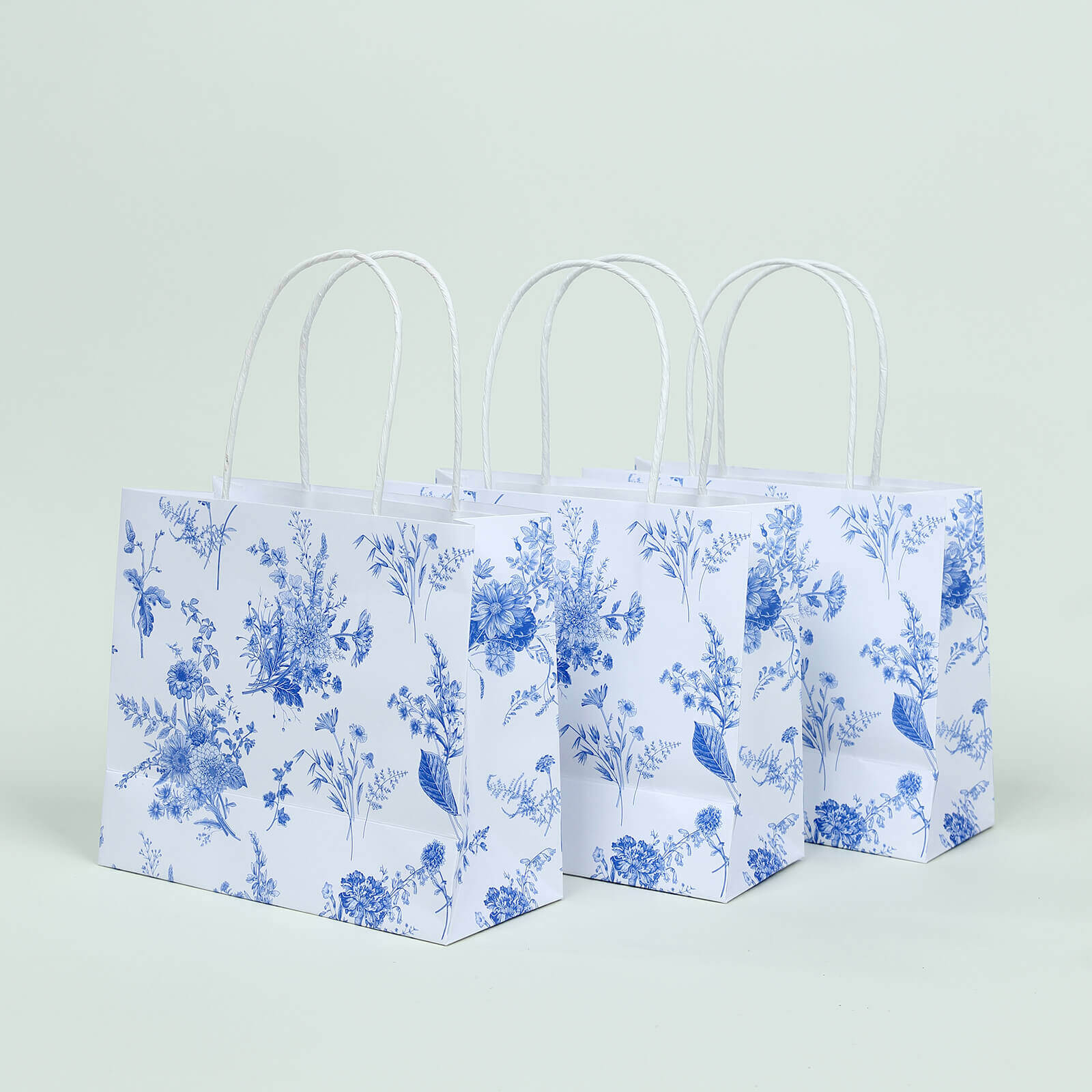 12 Pack White Blue Paper Gift Bags With Handles in French Toile Pattern, Party Favor Goodie Bags - 6"x7"