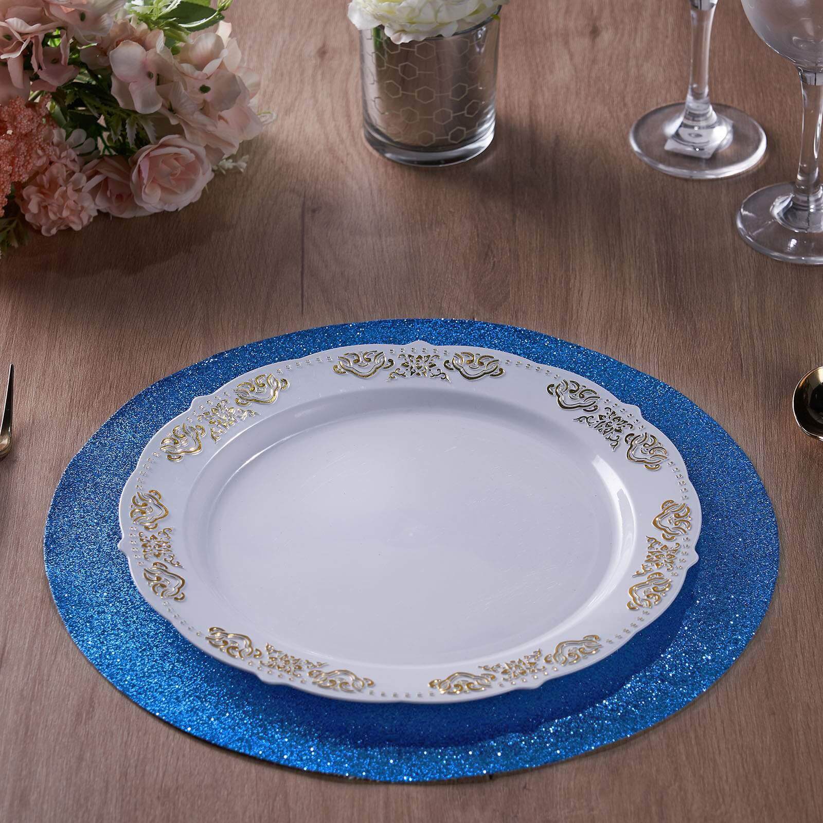 6-Pack Placemats Glitter Design Royal Blue Sparkle Round - Non-Slip Decorative Dining Table Mats 13"