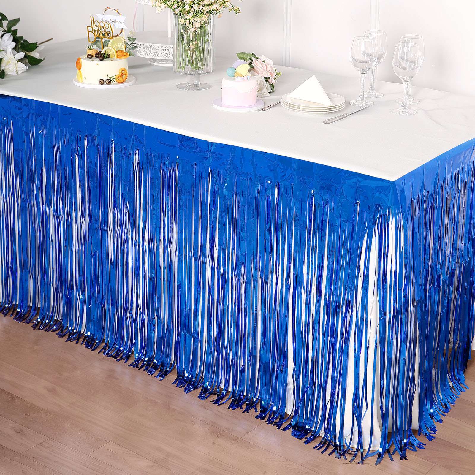 Metallic Foil Fringe Table Skirt Royal Blue with Self Adhesive Backing - Durable Tinsel Skirt for Parties 30"x9ft