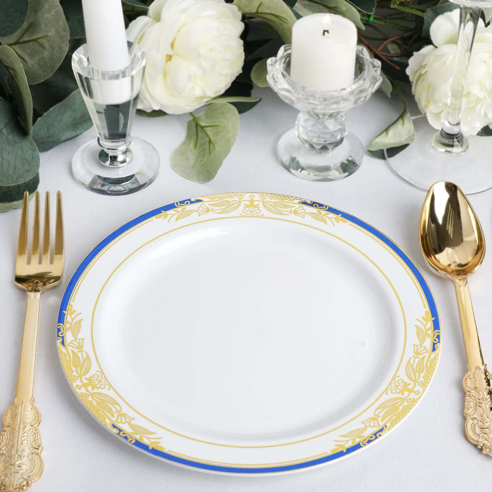 10-Pack Plastic 8" Round Dessert Plates in White with Royal Blue Rim - Stylish Gold Vine Design Disposable Salad/Appetizer Plates for Special Occasions & Celebrations