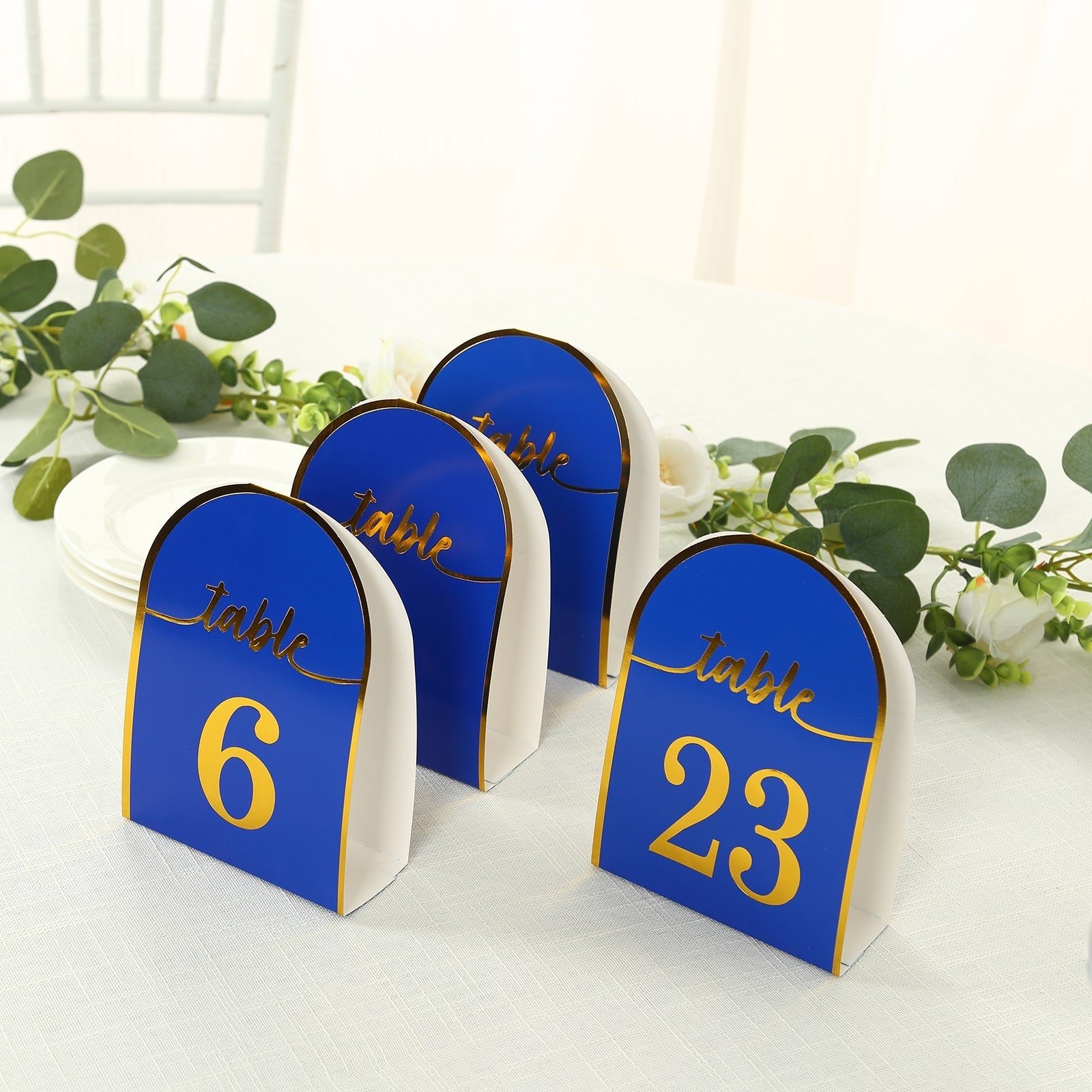 25-Pack Paper Wedding Table Numbers 1-25 Royal Blue Arch Cutout Design - Sleek & Modern Free Standing Double Sided Table Tent Cards with Metallic Gold Foil Numbers 7"