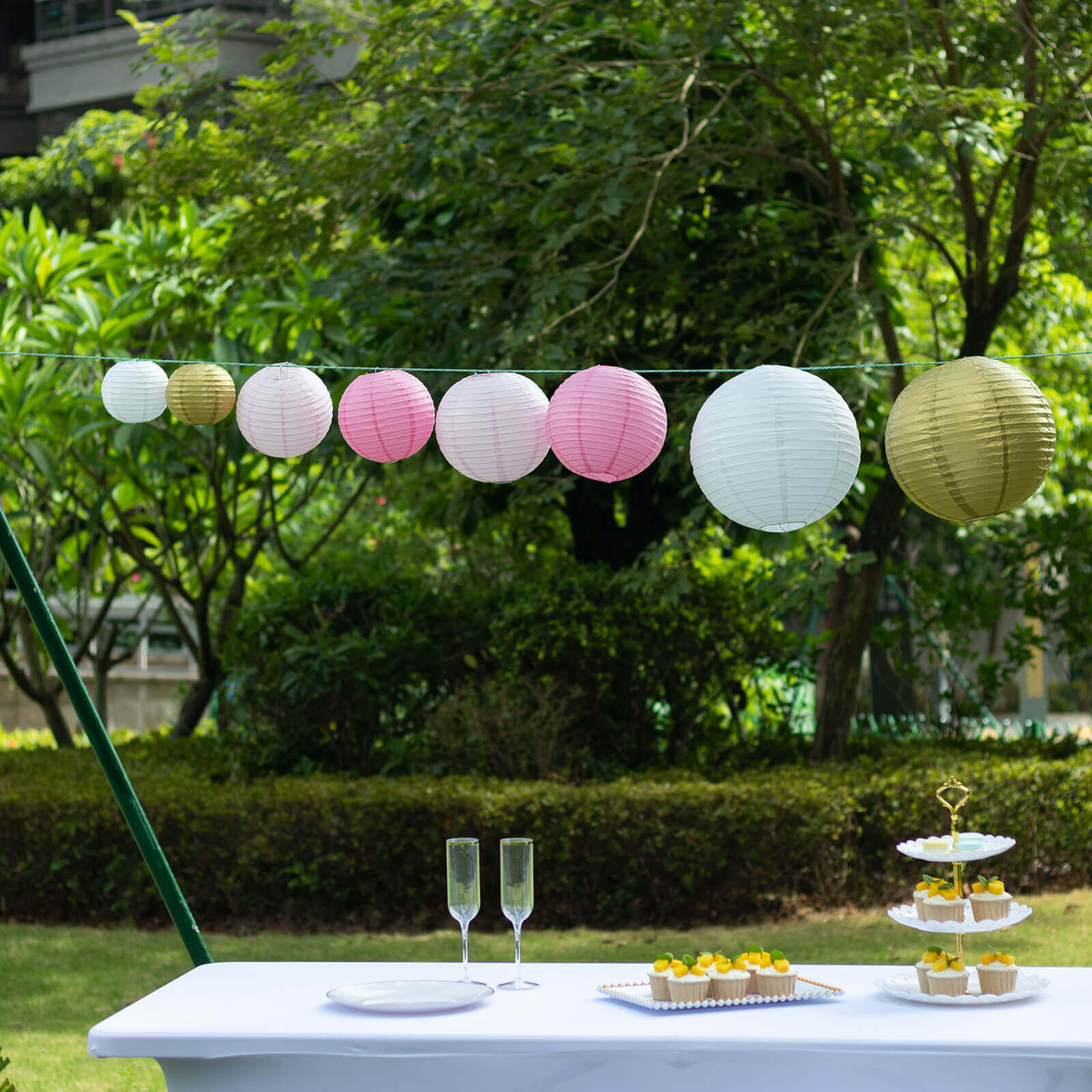 Set of 8 Mixed Blush Gold Hanging Paper Lanterns, Decorative Round Chinese Sky Lanterns, Assorted Sizes - 6",8",10",14"
