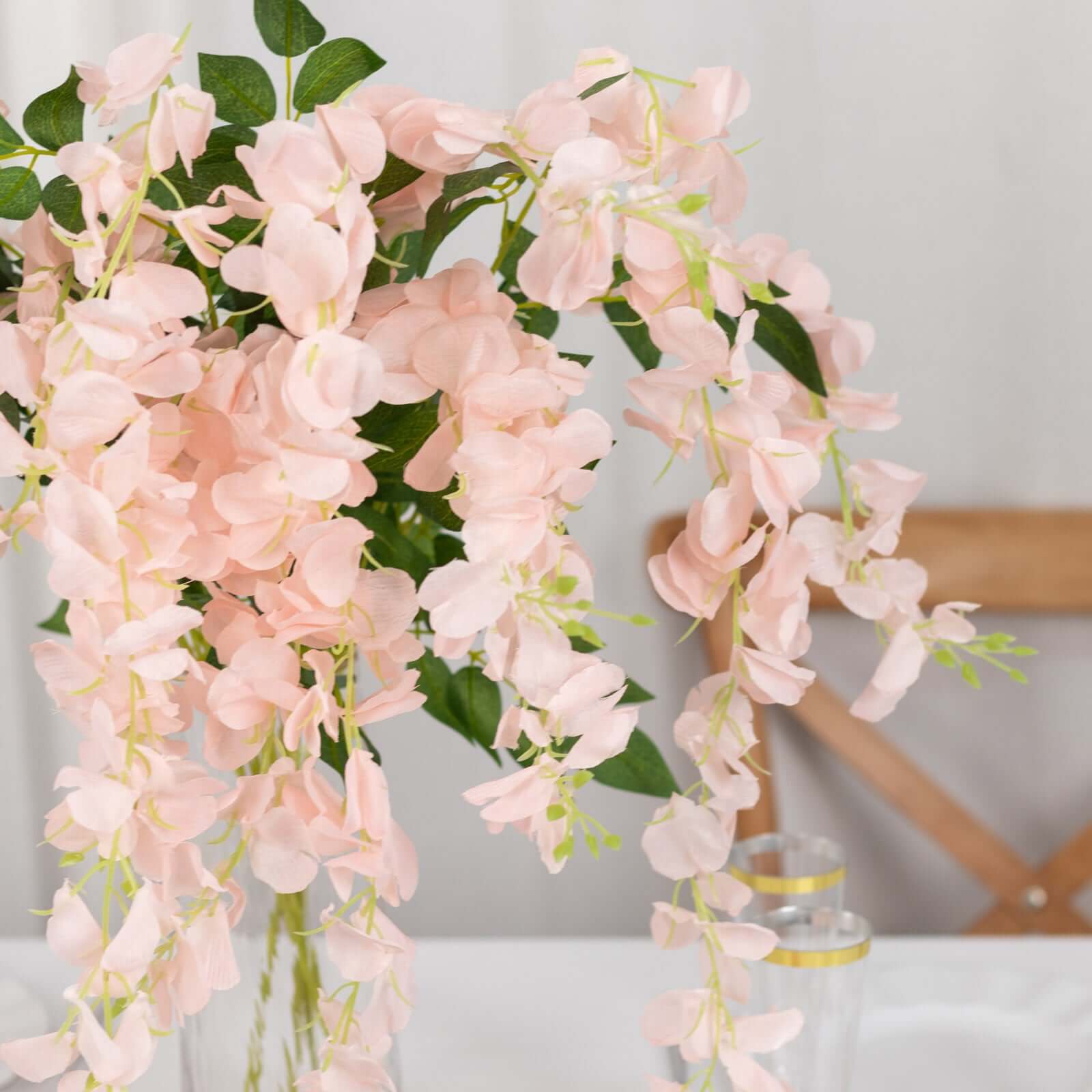 5 Pack 44" Silk Hanging Wisteria Flower Garland Vines in Blush, 3 Strands in 1 Bush