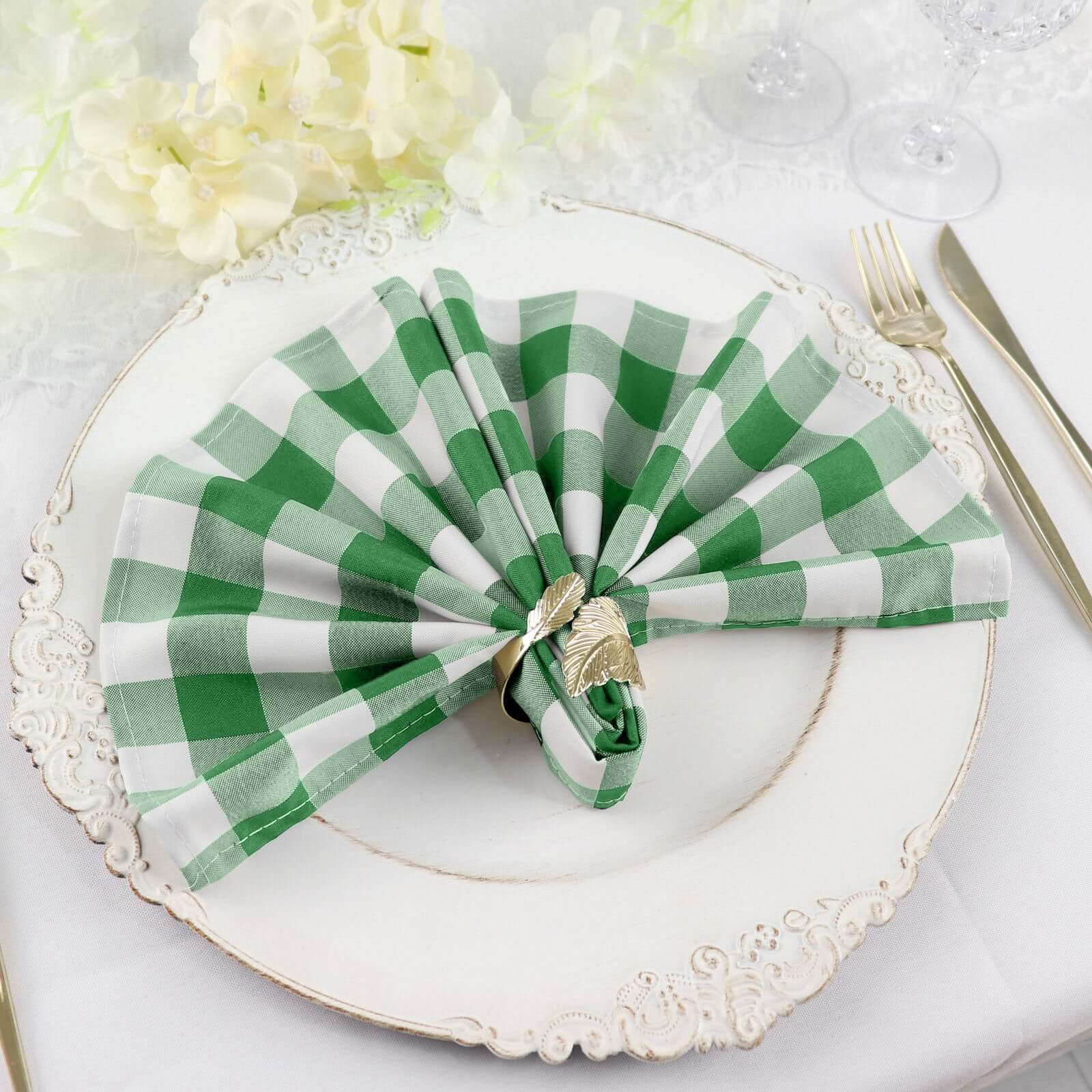 5 Pack Polyester 15"x15" Napkins Green/White Buffalo Plaid Gingham Style Cloth Napkins