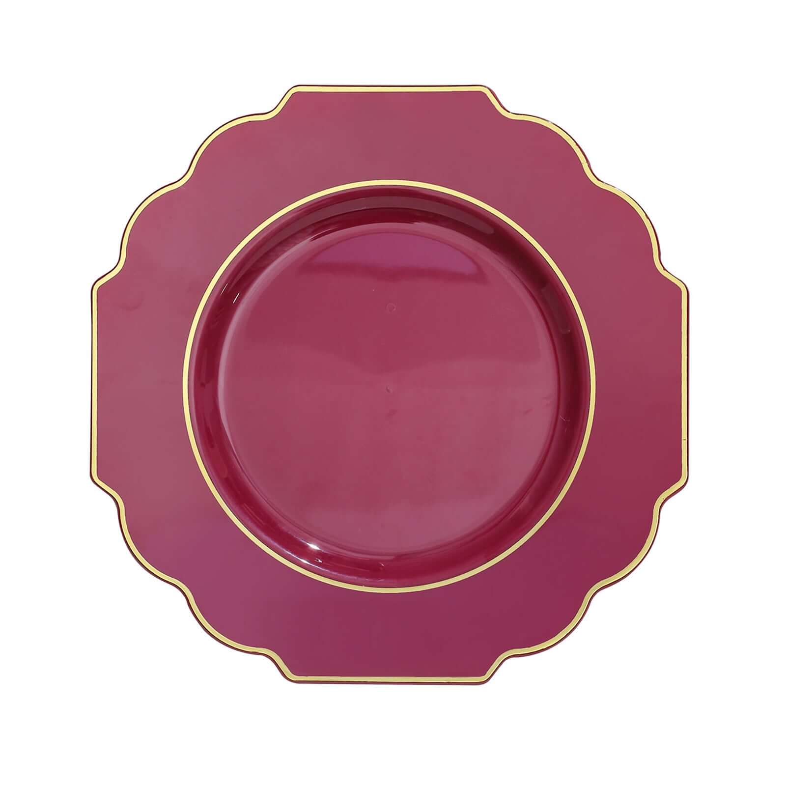 10-Pack Plastic Dessert Appetizer Plates in Burgundy Baroque Design with Scalloped Gold Rim - Heavy Duty Disposable Salad Plates 8"