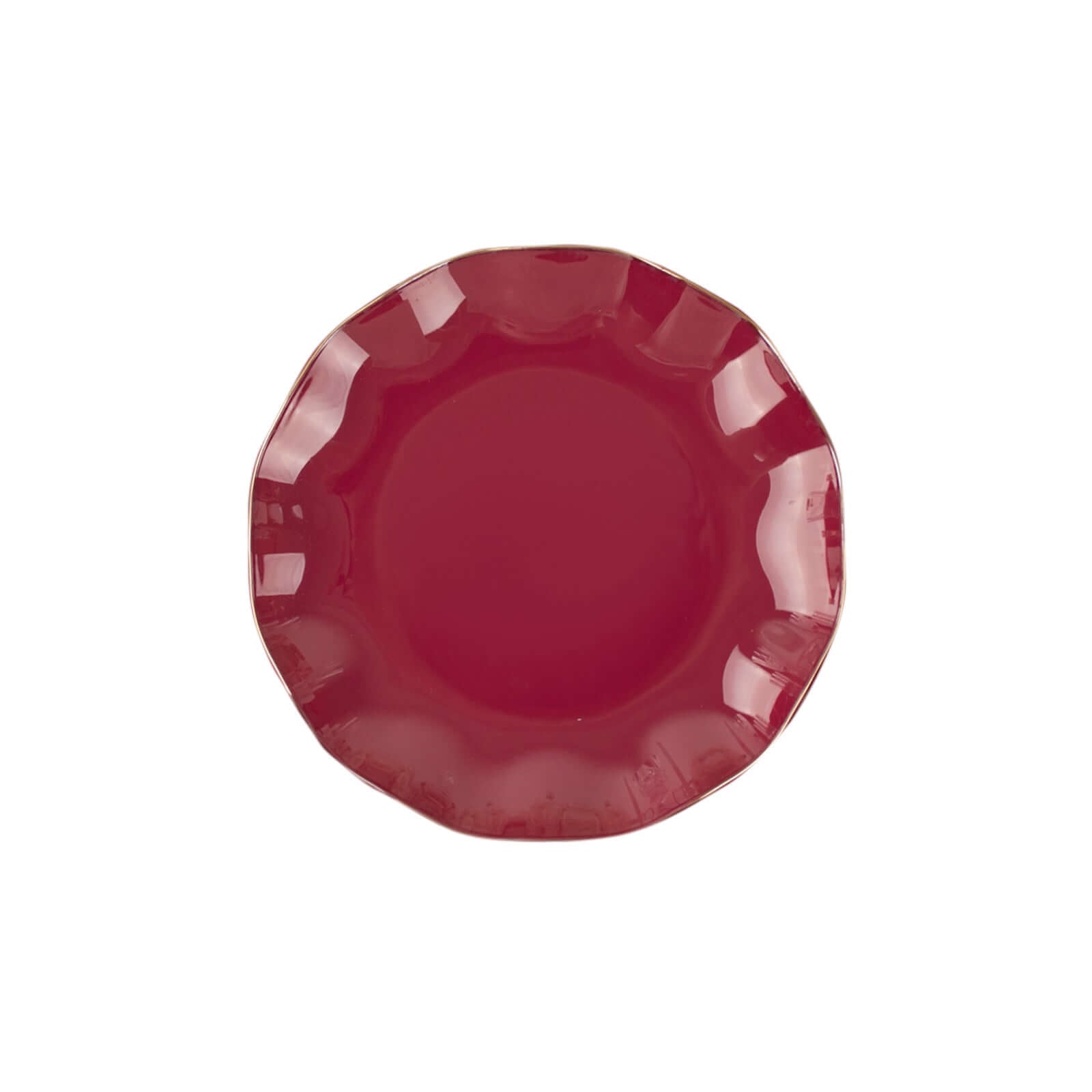 10-Pack Plastic Round 6" Dessert Plates in Burgundy Ruffled Rim with Gold Edging - Sturdy Disposable Salad Appetizer Dinnerware