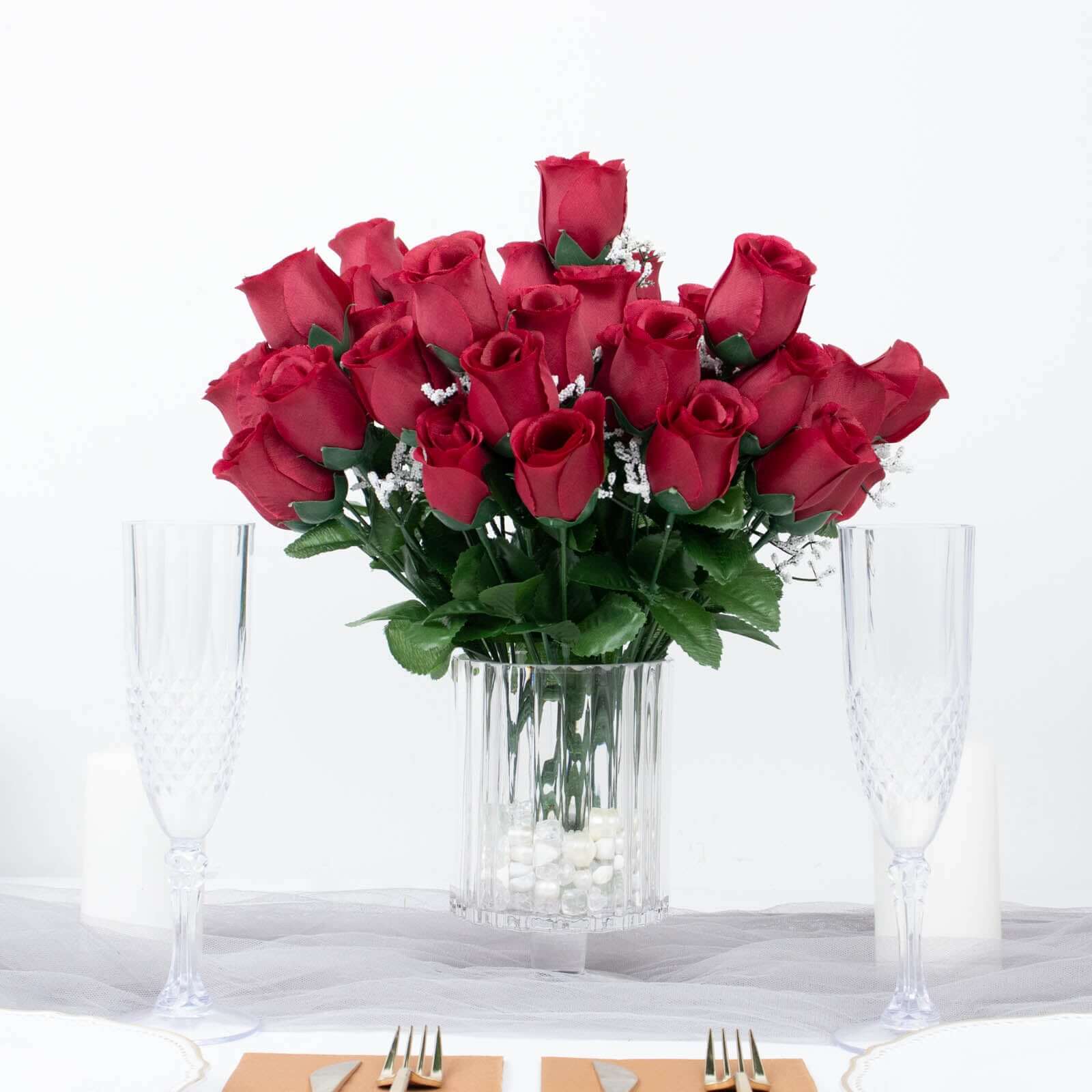 12 Bushes Burgundy Artificial Premium Silk Flower Rose Bud Bouquets