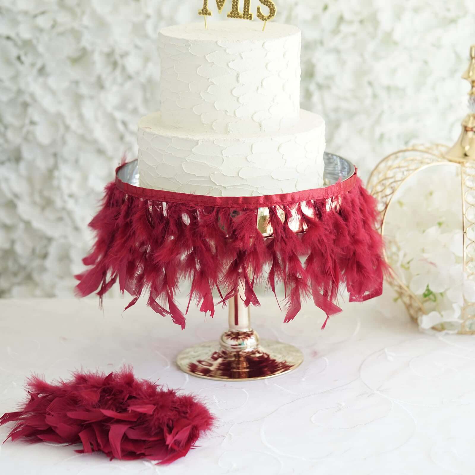 39" Burgundy Real Turkey Feather Fringe Trim With Satin Ribbon Tape