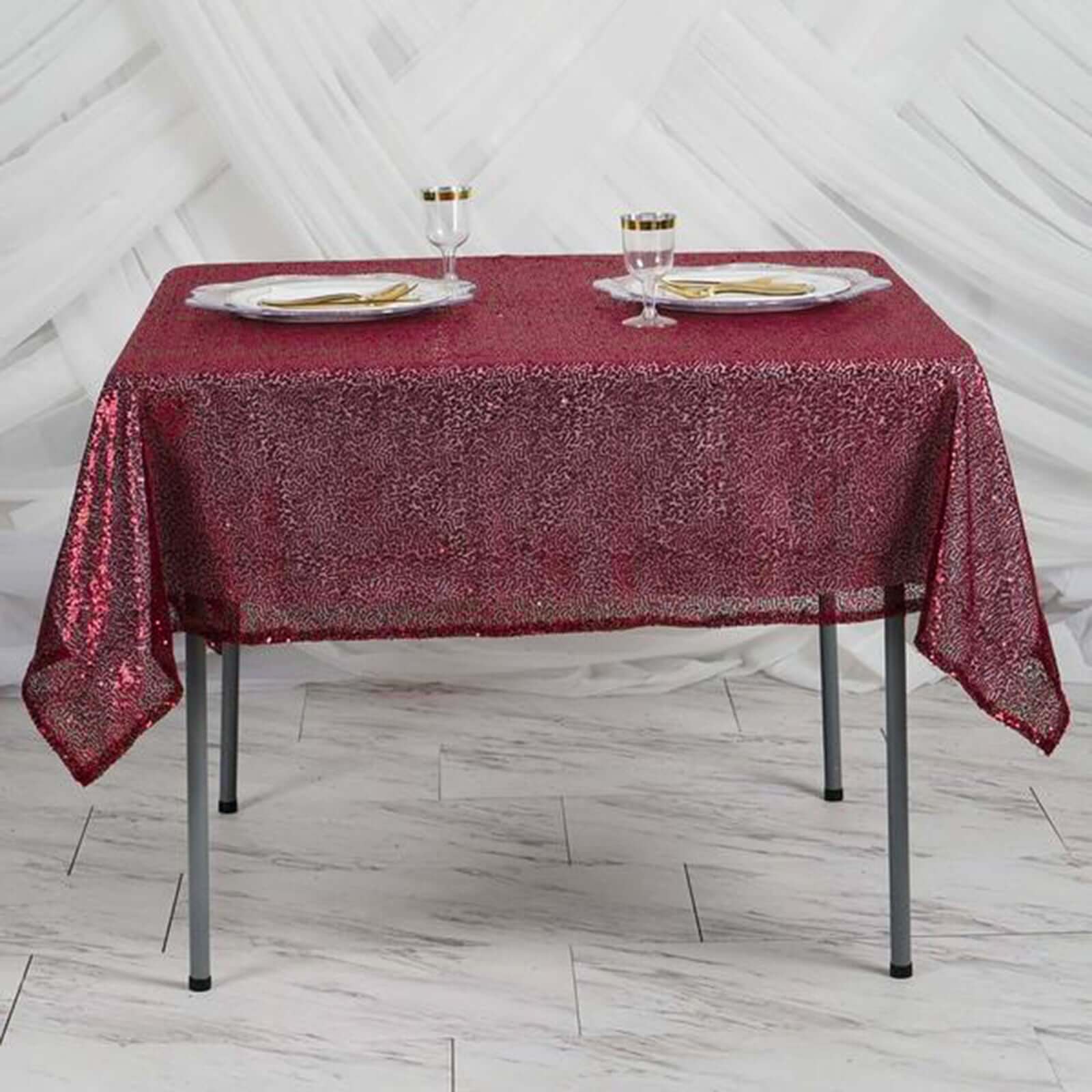 Sequin 60"x60" Table Overlay Square Tablecloth Burgundy - Luxe Wedding Table Topper