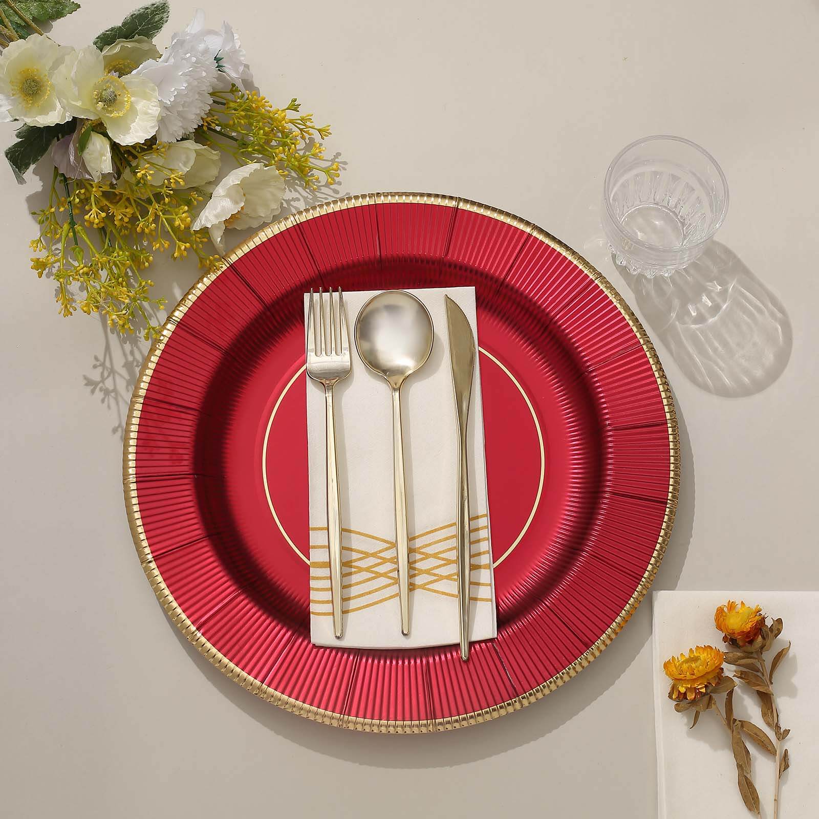 25-Pack Disposable Round Charger Plates in Burgundy Sunray Design with Gold Rim - 350GSM Heavy Duty Paper Chargers 13"