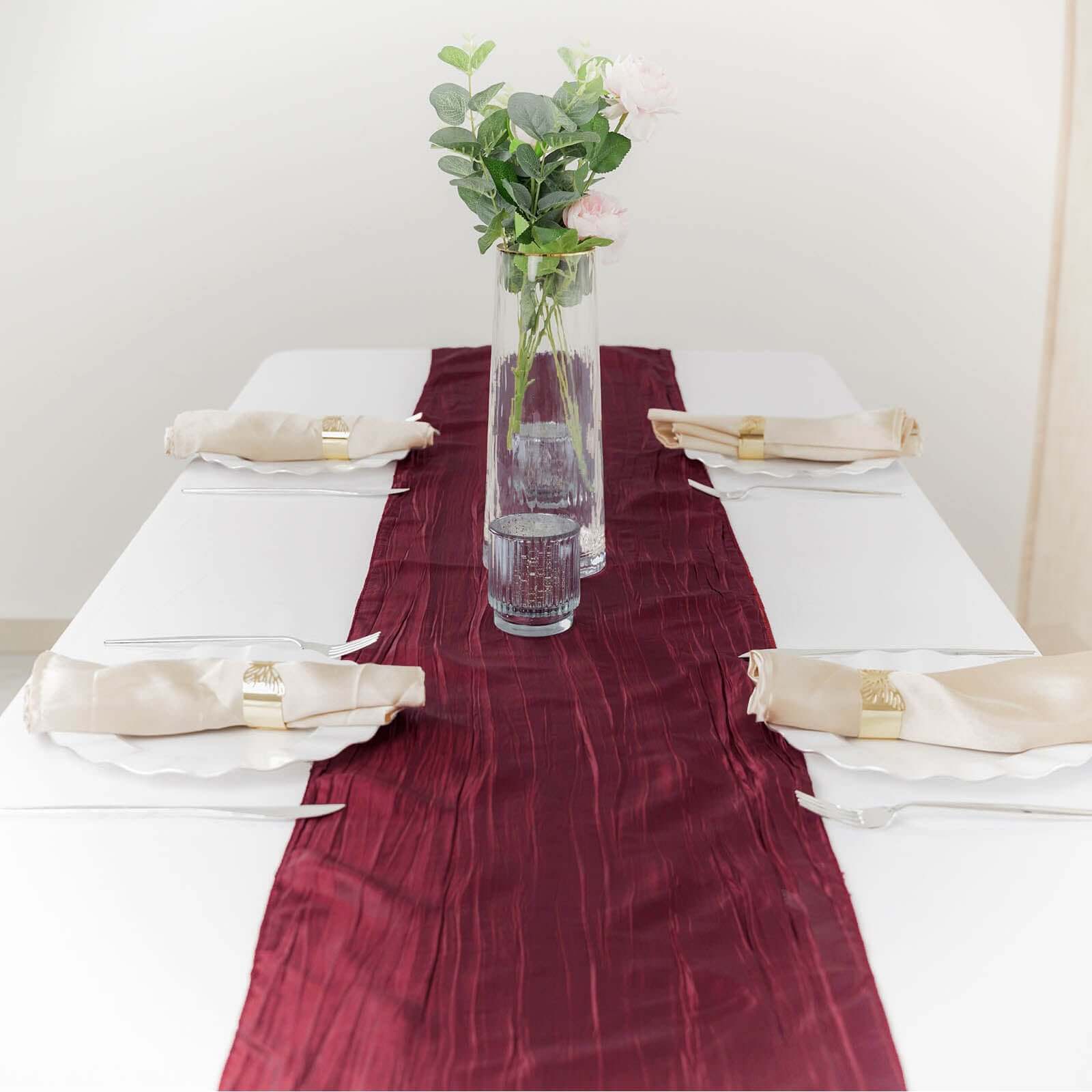 Taffeta 12"x108" Table Runner Burgundy - Accordion Crinkle Design