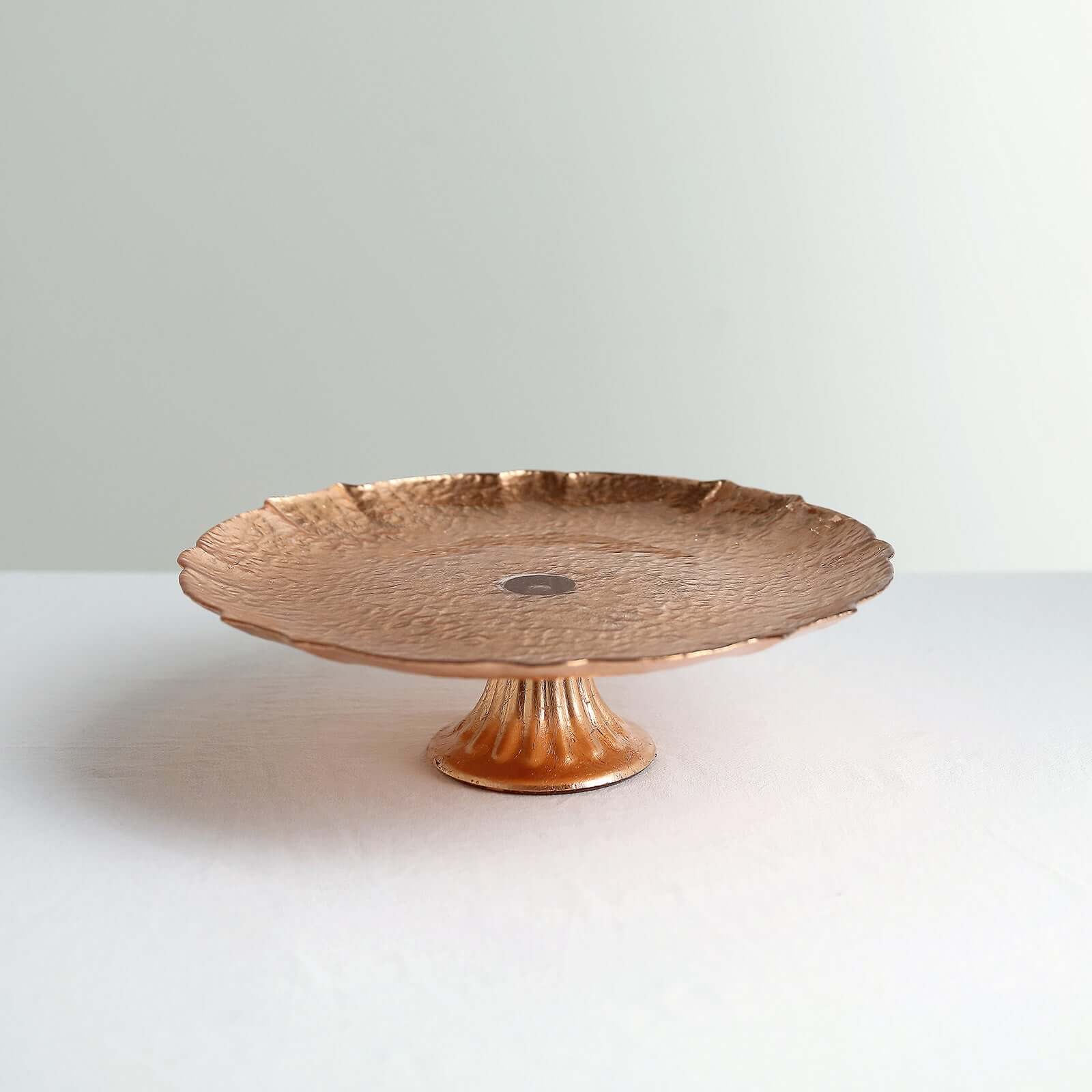 Glass Pedestal Cake Stand Scalloped Edge Design Rose Gold - Cupcake Holder and Dessert Display Plate 14"