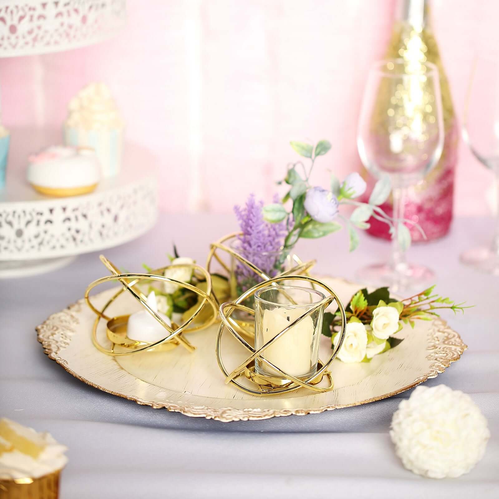 3-Pack Geometric Candle Holders Gold Metal Design with Bud Vase Votive Glass - Chic Wedding & Event Decor 3"