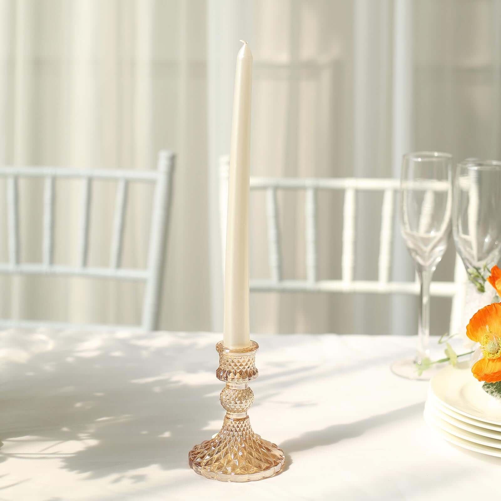 6-Pack Glass Taper Candlestick Holders Diamond Pattern Design Amber Gold - Reversible Crystal Pillar Votive Stands 4"