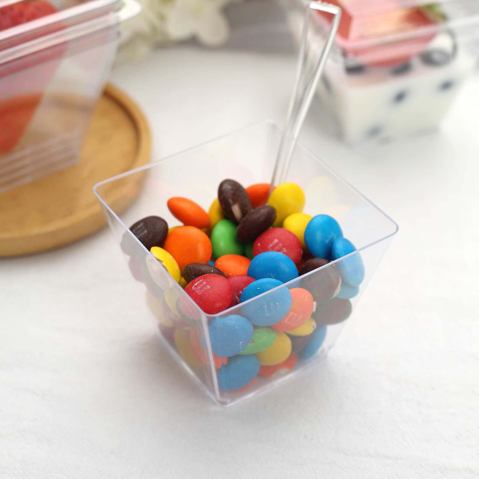 24-Pack Plastic Square Dessert Tumbler Cup Clear - Disposable Snack Serving Cups with Lid and Spoon Set for Parties, Catered Events & Buffets 4oz
