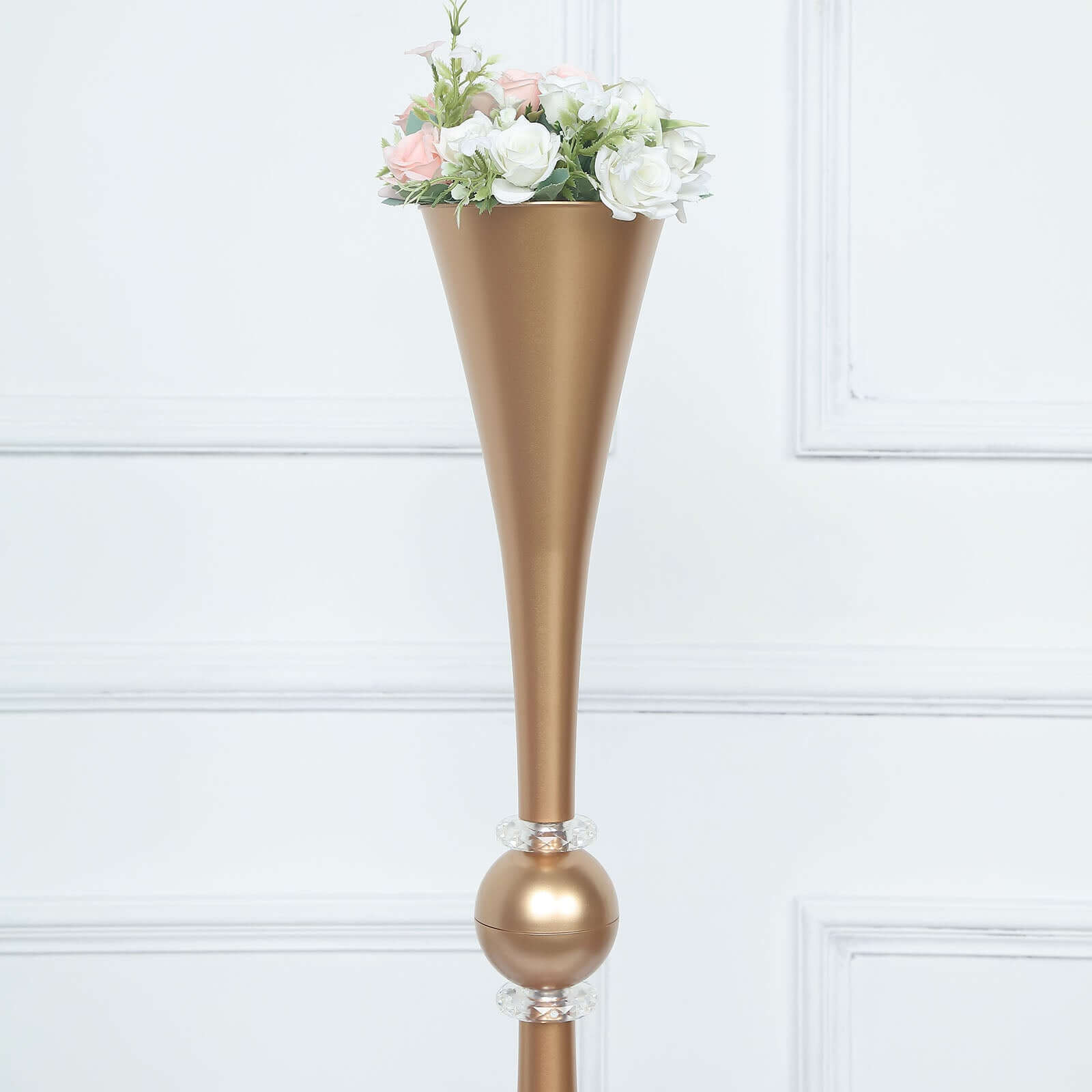 2 Pack 31" Shiny Gold Crystal Embellishment Trumpet Flower Vase, Reversible Plastic Table Centerpiece