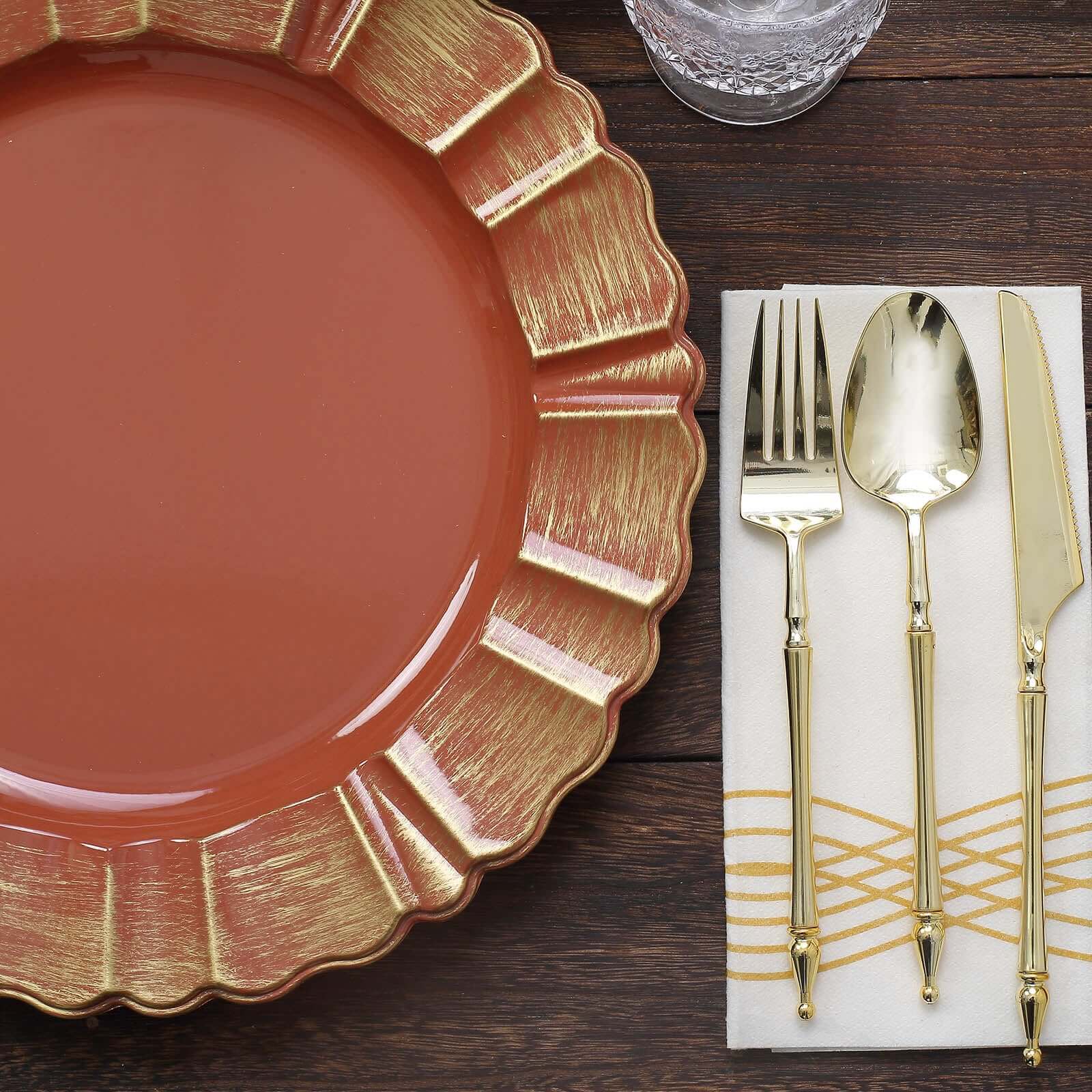 6-Pack Acrylic Plastic Round Charger Plates 13" in Terracotta (Rust) with Gold Brushed Wavy Scalloped Rim, Decorative Dinner Party Charger Tableware