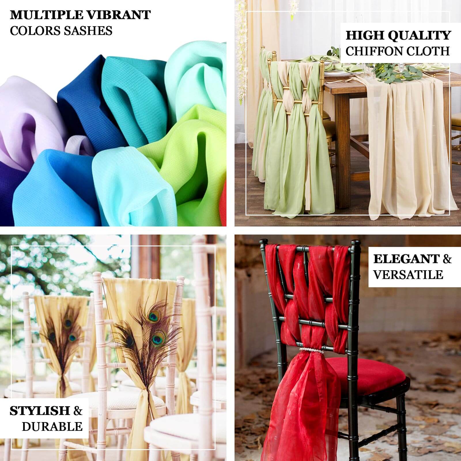 5 Pack Premium Chiffon Chair Sashes Champagne - Soft & Lightweight Designer Chair Bows 22"x78"