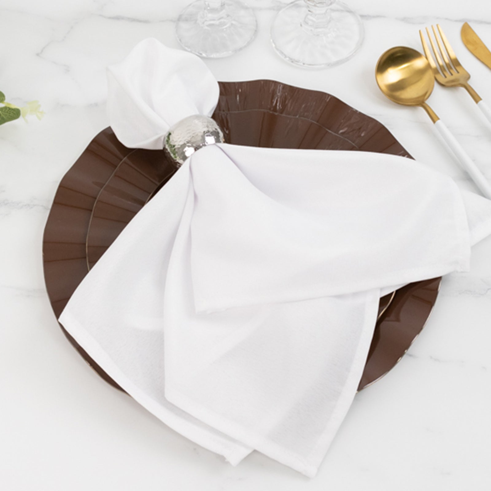 10-Pack Plastic Round 6" Dessert Plates in Cinnamon Brown Ruffled Rim with Gold Edging - Sturdy Disposable Salad Appetizer Dinnerware