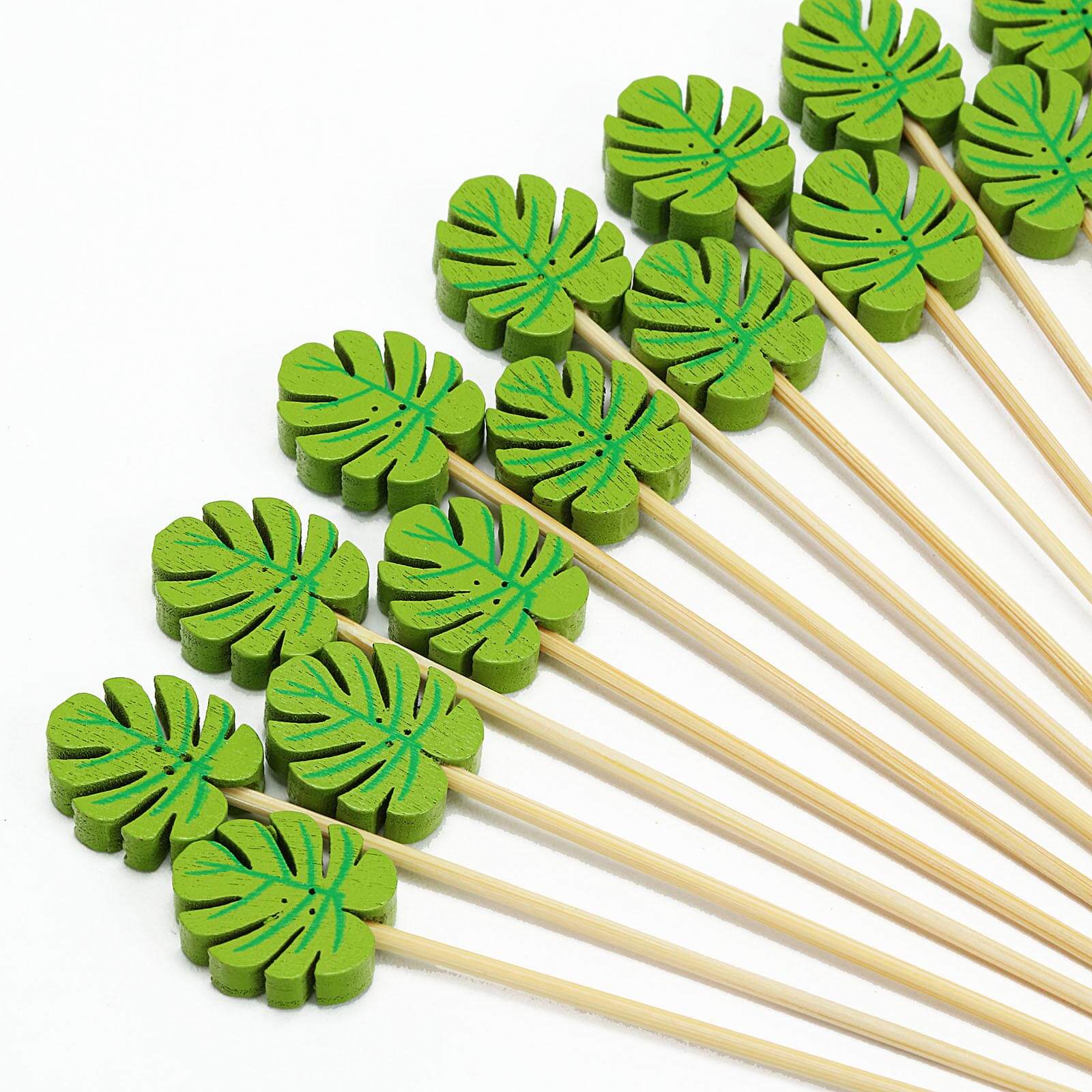 100-Pack Bamboo Cocktail Sticks Tropical Leaf Decorative Top Design - Eco Friendly Party Picks 5"