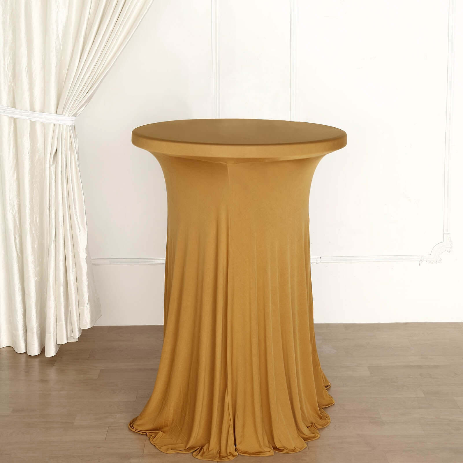 Spandex 32" Round Cocktail Table Cover Skirt Gold With Natural Wavy Drapes - Stylish & Sophisticated Event Decor