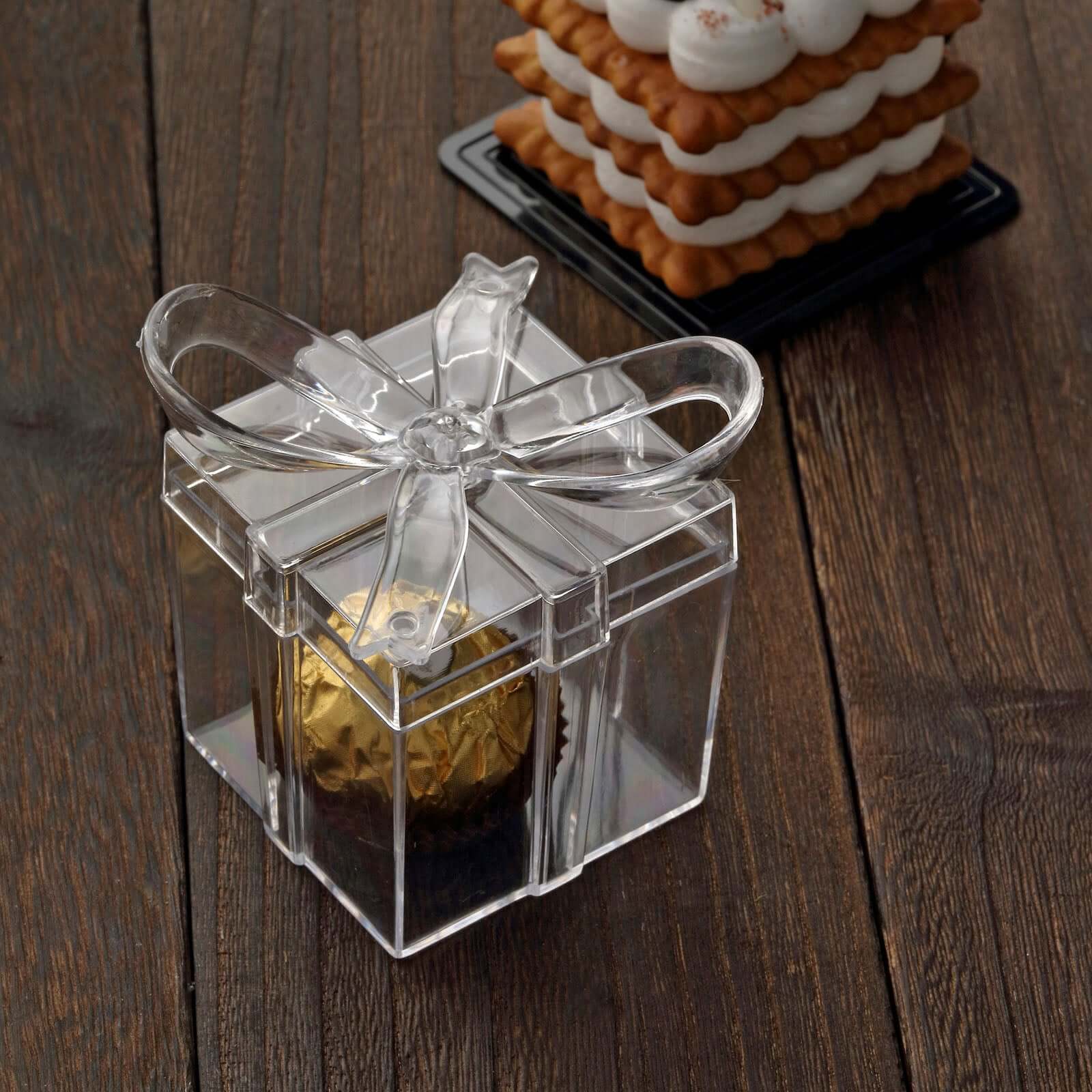 12 Pack 3" Square Clear Bow Top Plastic Party Favor Boxes, Transparent Candy Container Gift Boxes