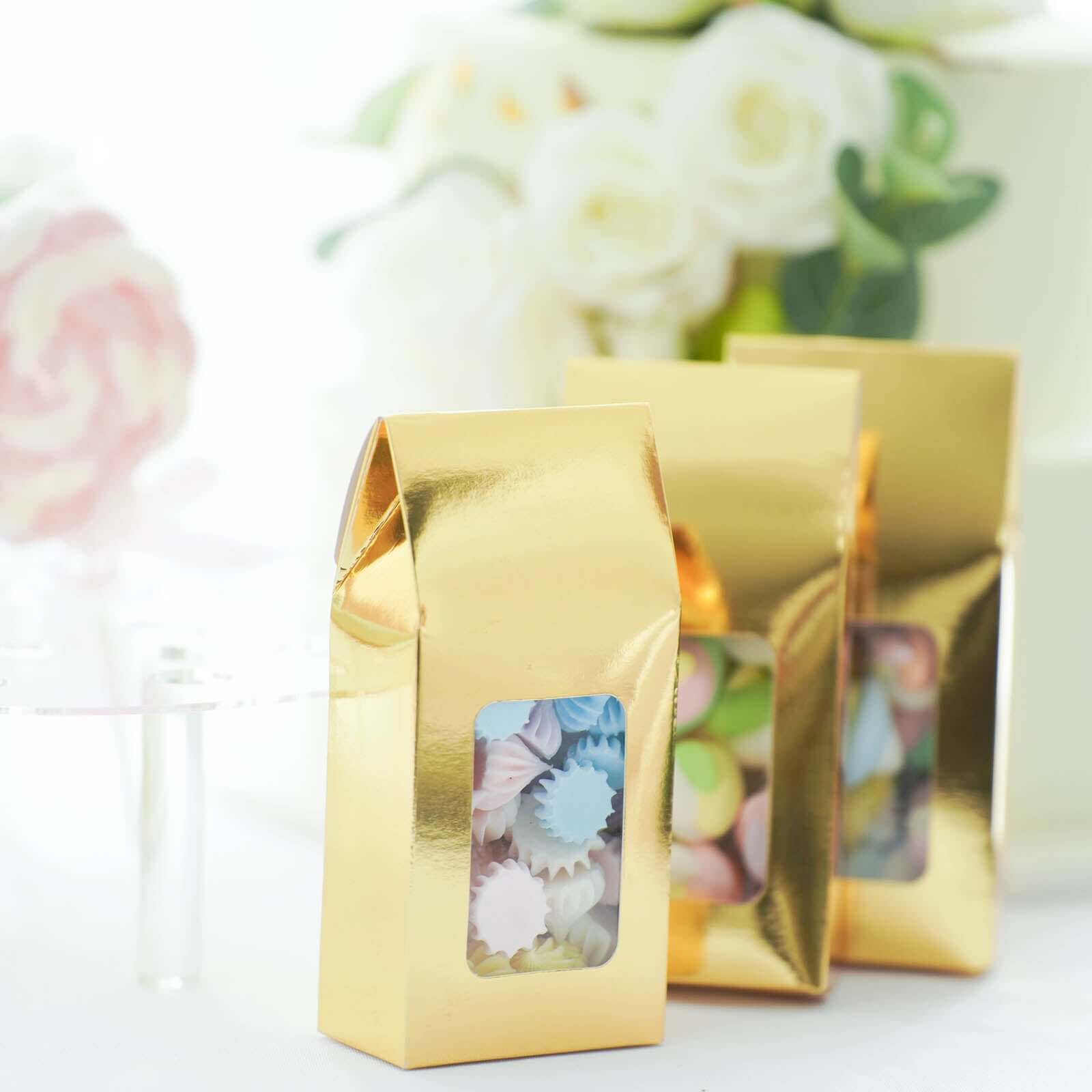 25 Pack Gold Tote With Window Party Favor Candy Gift Boxes 2.75" X 1.5" X 6"