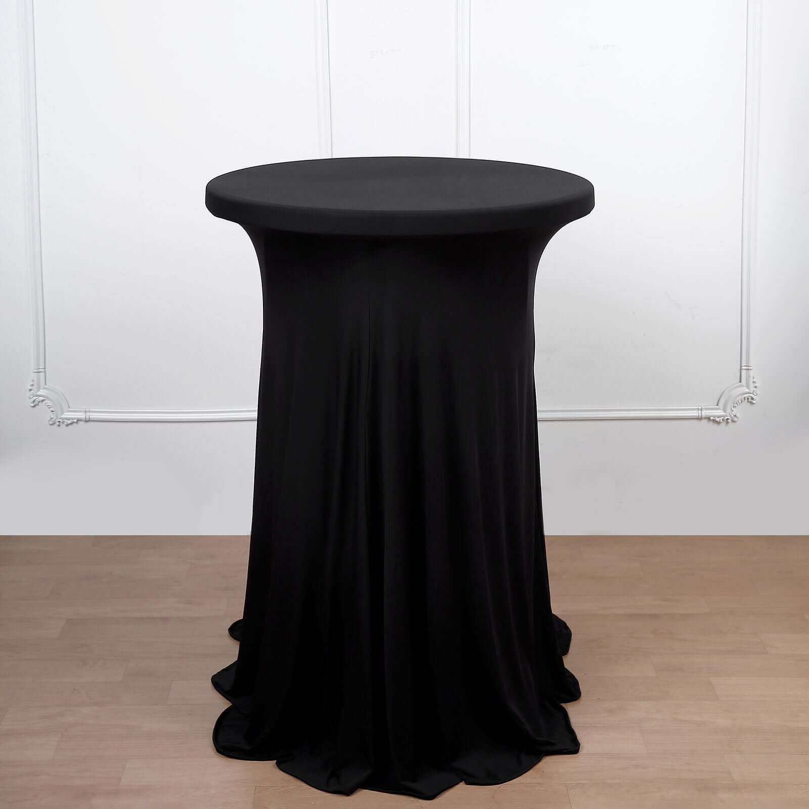 Spandex 32" Round Cocktail Table Cover Skirt Black With Natural Wavy Drapes