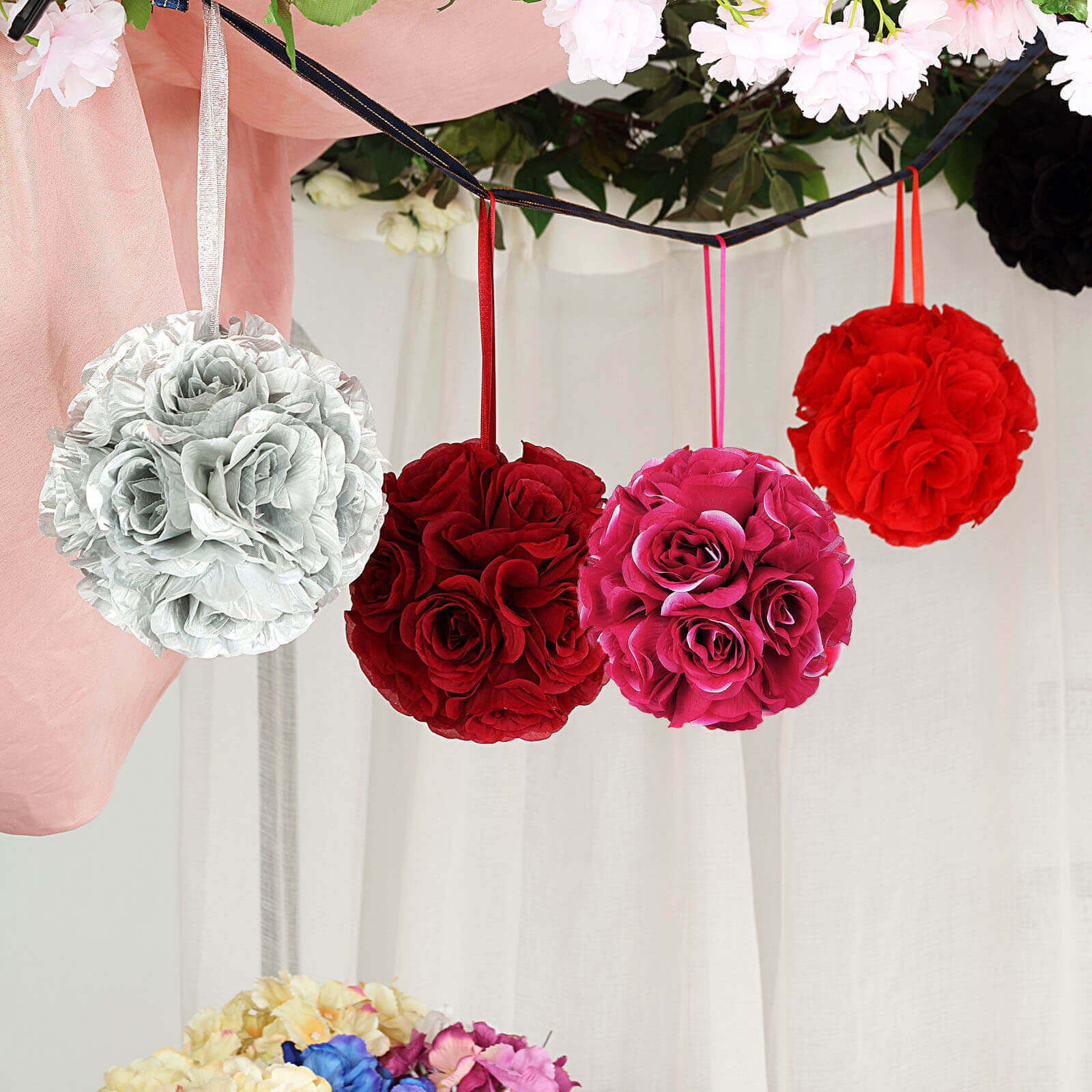 2 Pack 7" Fuchsia Artificial Silk Rose Kissing Ball, Flower Ball