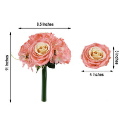 2 Bushes Coral Artificial Silk Rose and Hydrangea Mix Flower Bouquets
