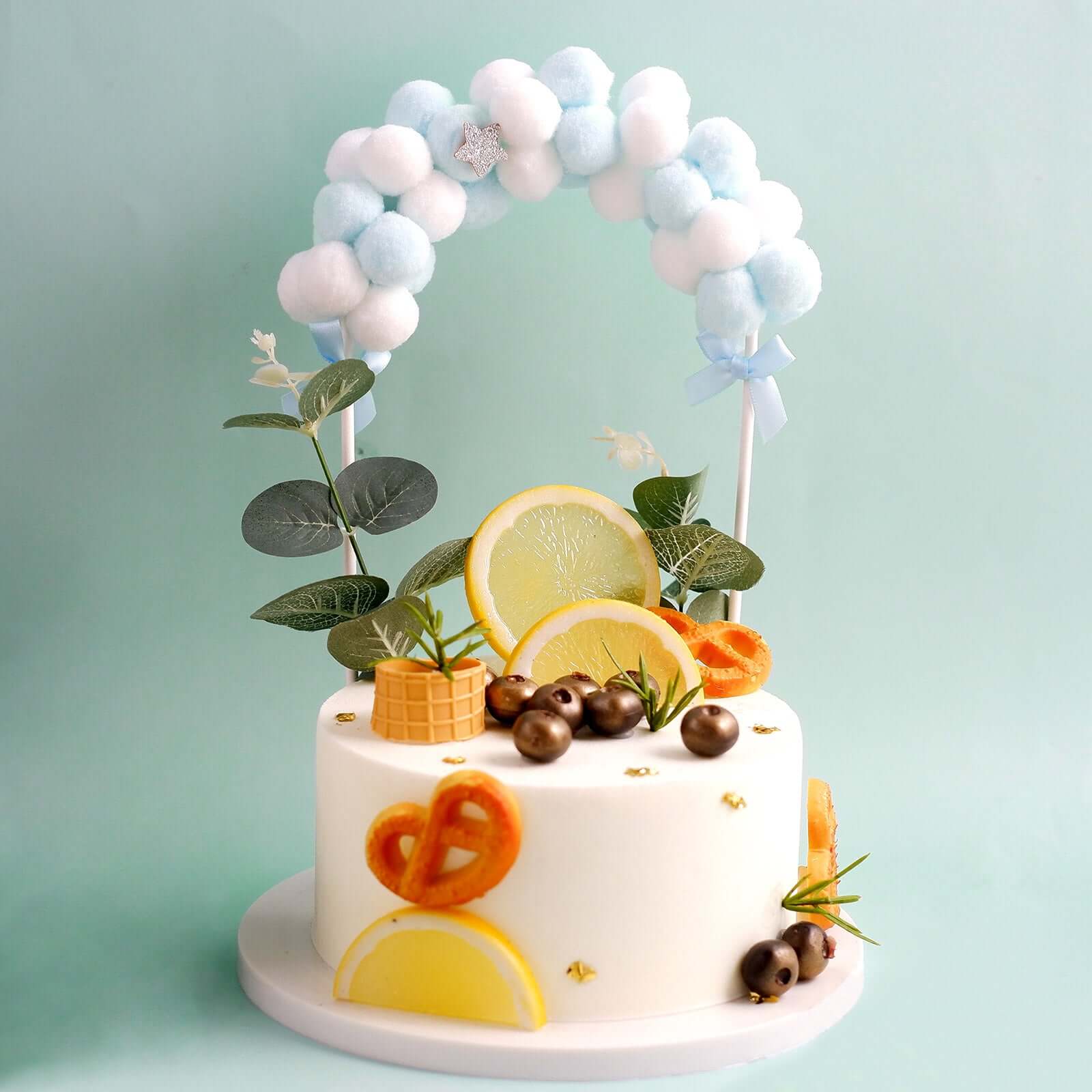 Cotton Ball Arch Cake Topper Blue/White - Charming Mini Cake Decoration Supplies for Nautical Sky & Baby-Themed Events 6"x11"