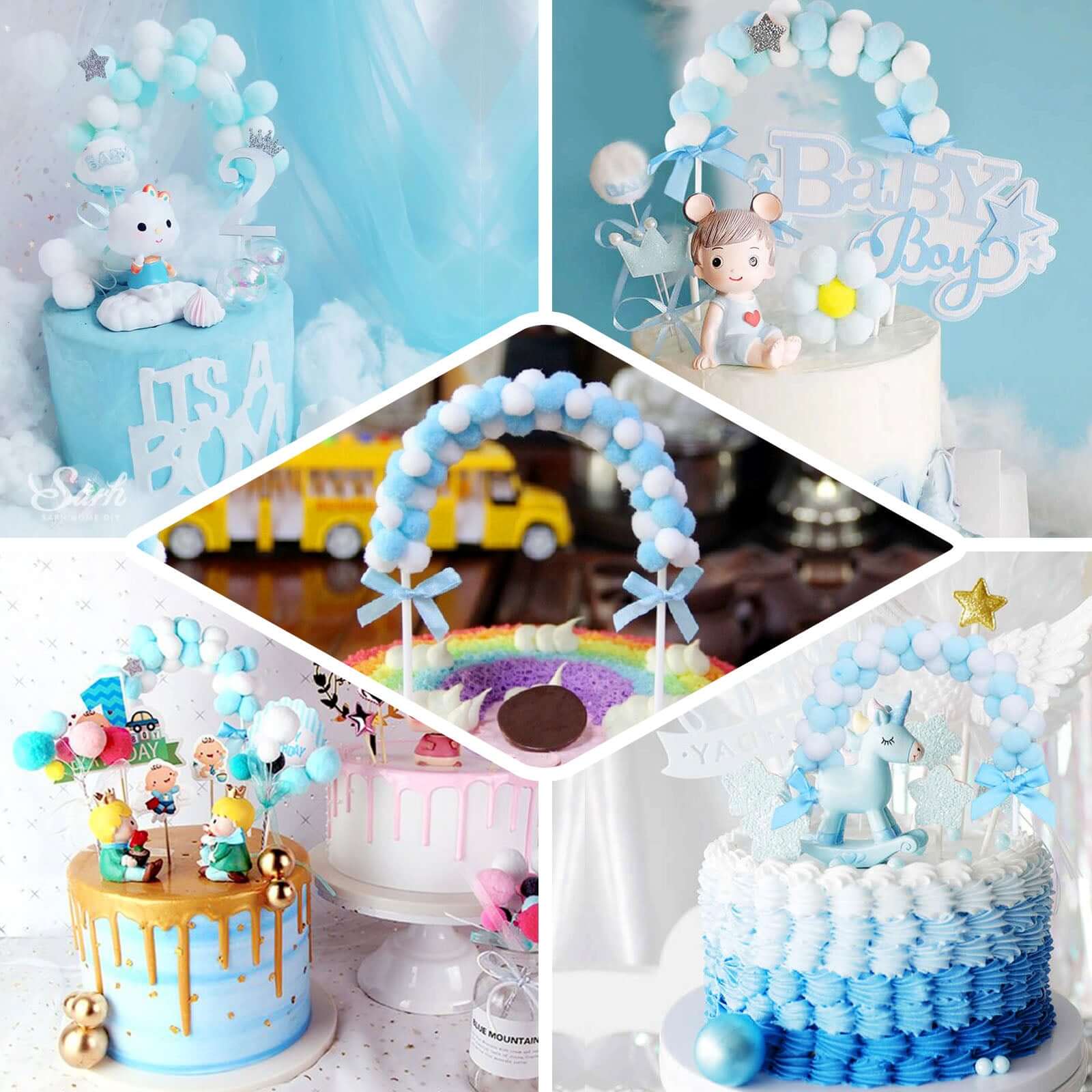 Cotton Ball Arch Cake Topper Pink/White - Charming Mini Cake Decoration Supplies for Nautical Sky & Baby-Themed Events 6"x11"