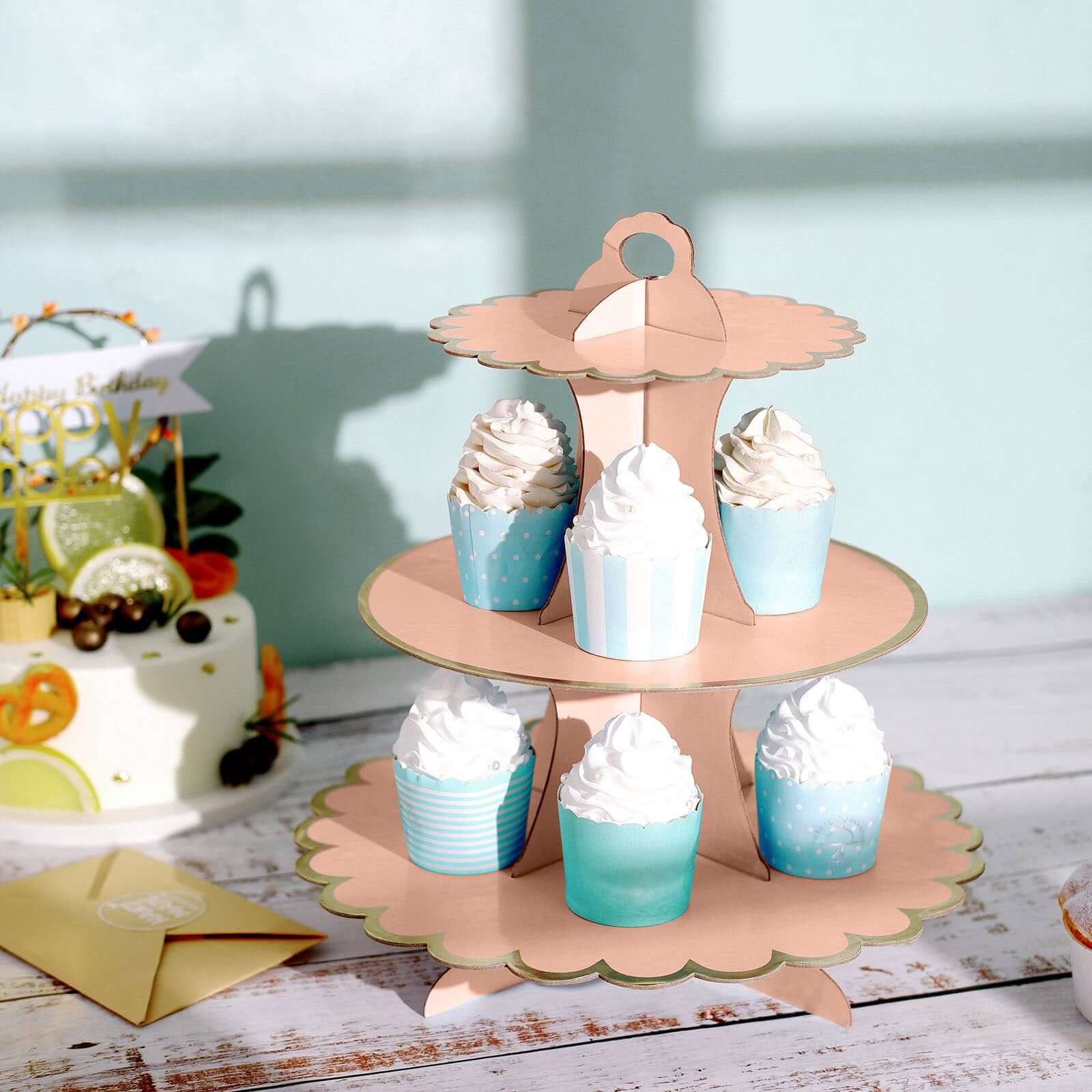 3-Tier Cardboard Cupcake Stand Blush - Sturdy & Collapsible Dessert Treat Tower with Gold Scalloped Rim for Baby Shower Wedding & Party Decor 13"