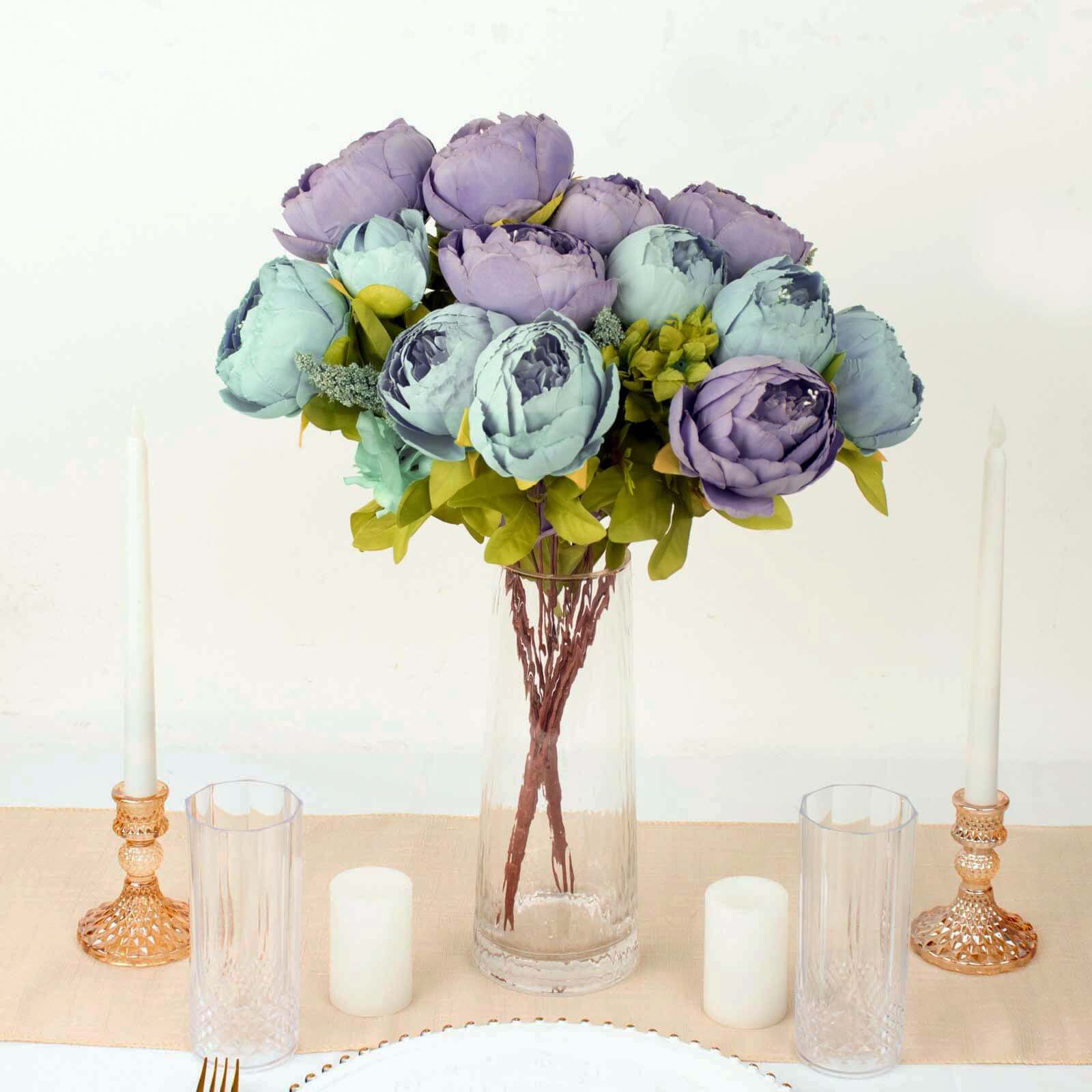 2 Pack 19" Dusty Blue Artificial Peony Flower Wedding Bouquets, Faux Silk Flower Arrangements