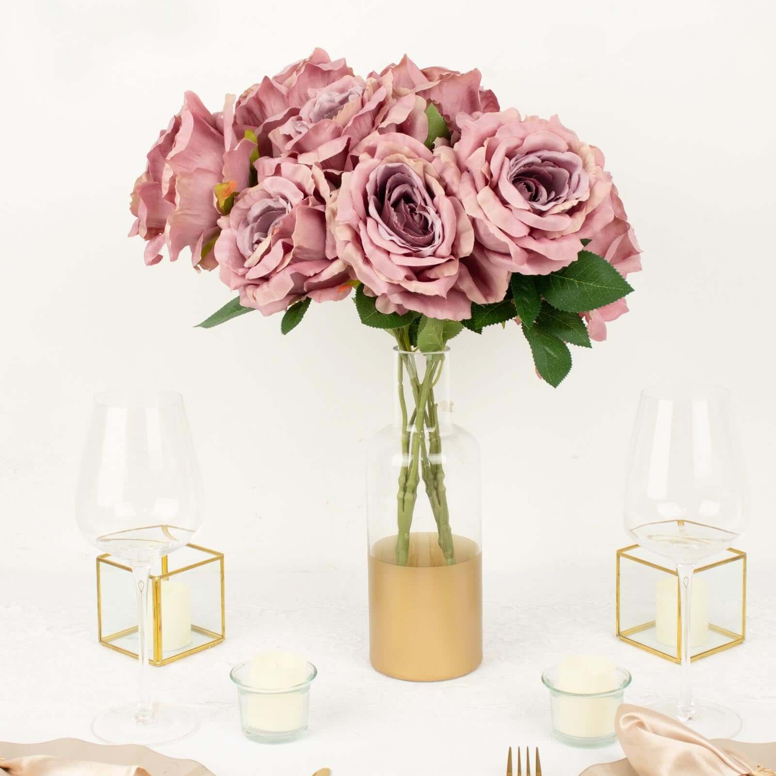 2 Bushes 17" Dusty Rose Premium Silk Jumbo Rose Flower Bouquet, High Quality Artificial Wedding Floral Arrangements