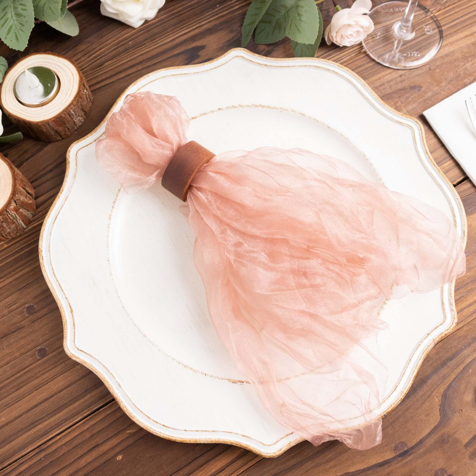5 Pack Crinkled Organza 21"x21" Napkins Dusty Rose - Rustic Style Dinner & Party Napkins