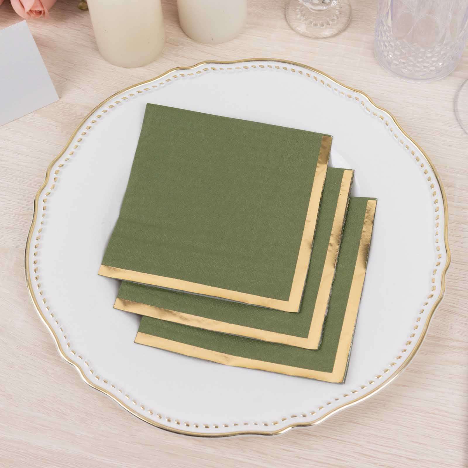 50-Pack Paper Beverage Napkins Olive Green with Gold Foil Edge - 2 Ply Disposable Soft 18GSM Cocktail Napkins 5"x5"