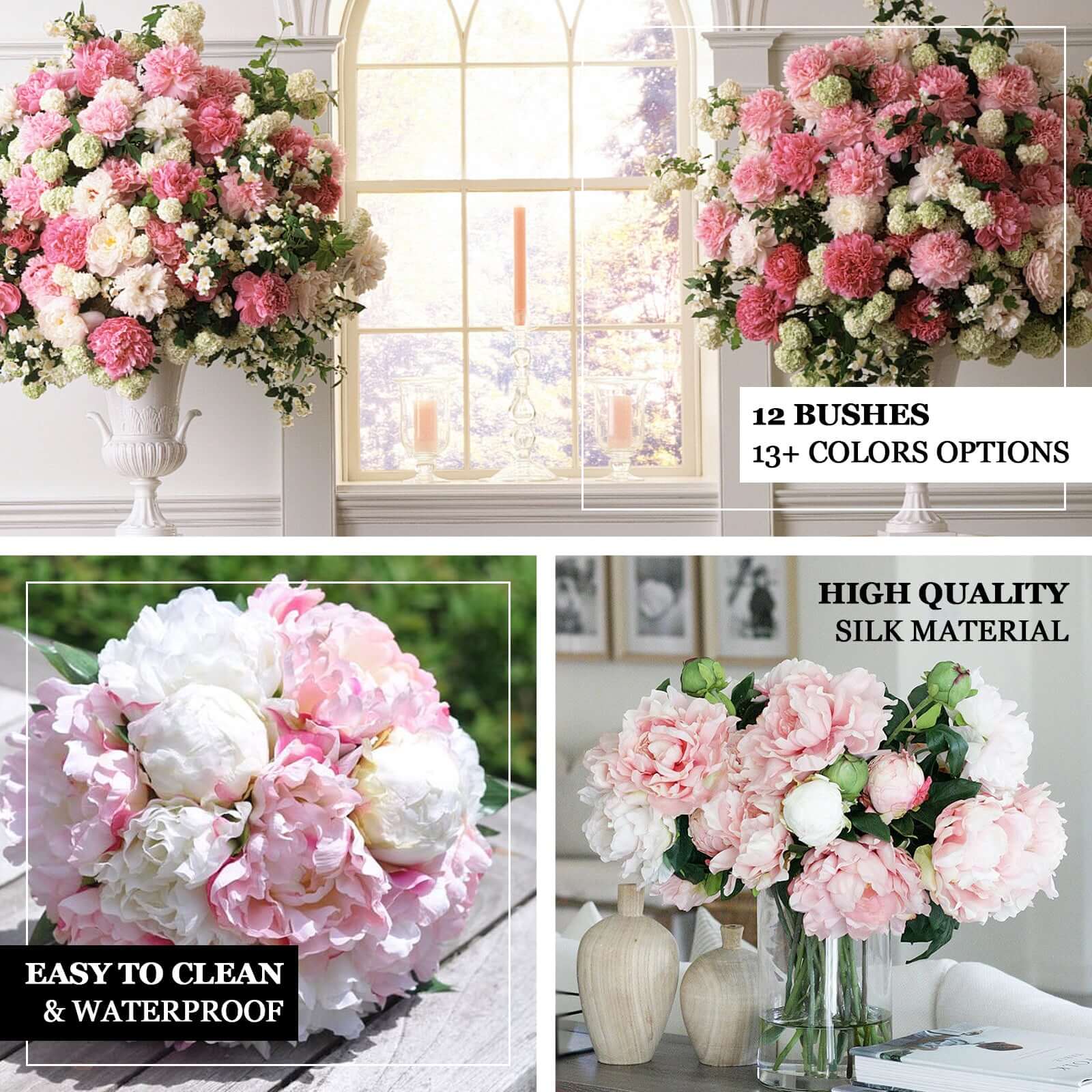 12 Bushes Ivory Artificial Peony Floral Bouquets, High Quality Silk Flower Arrangements