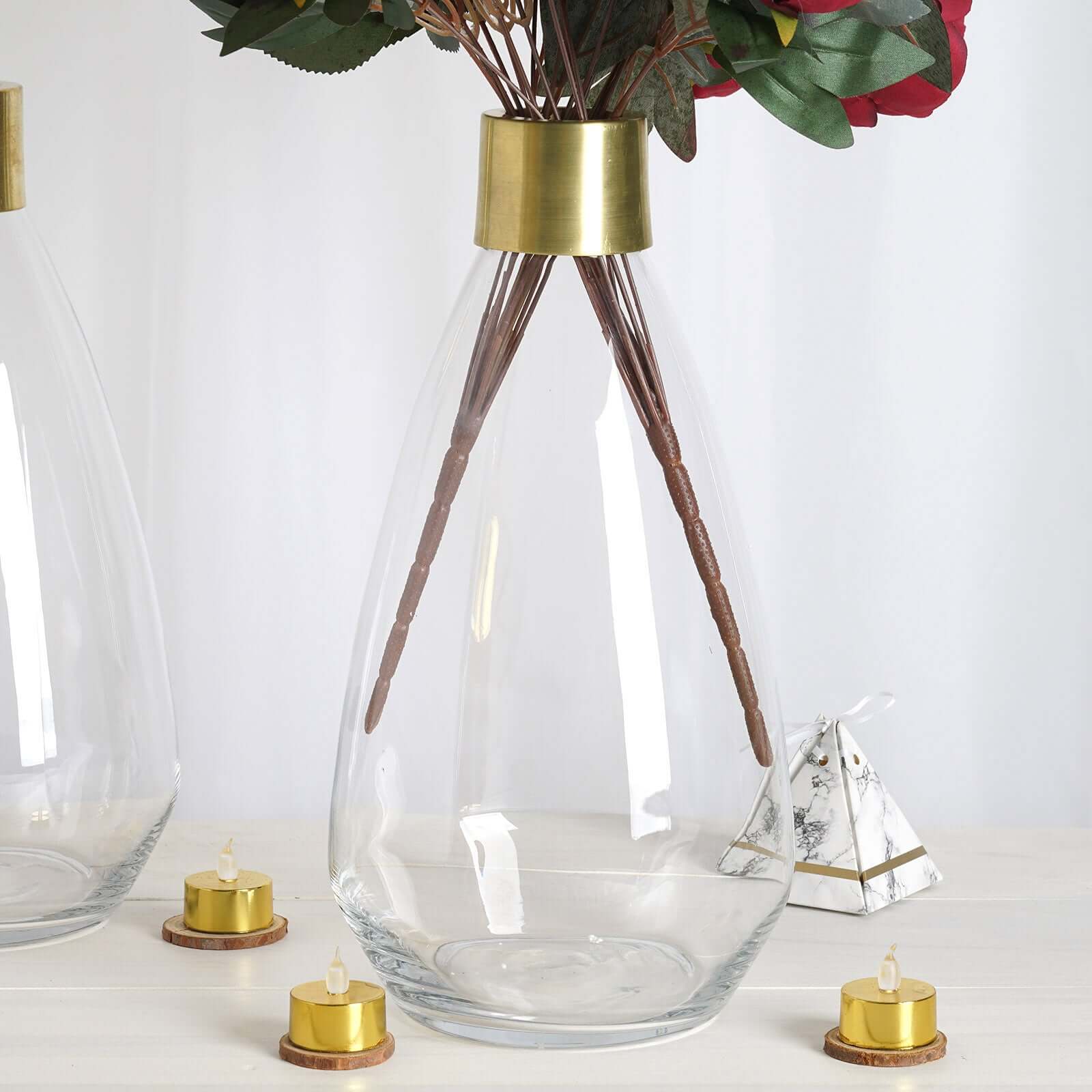 2-Pack Glass Flower Vases Teardrop Design Clear with Gold Metal Top - Stylish Event Table Centerpieces 14"