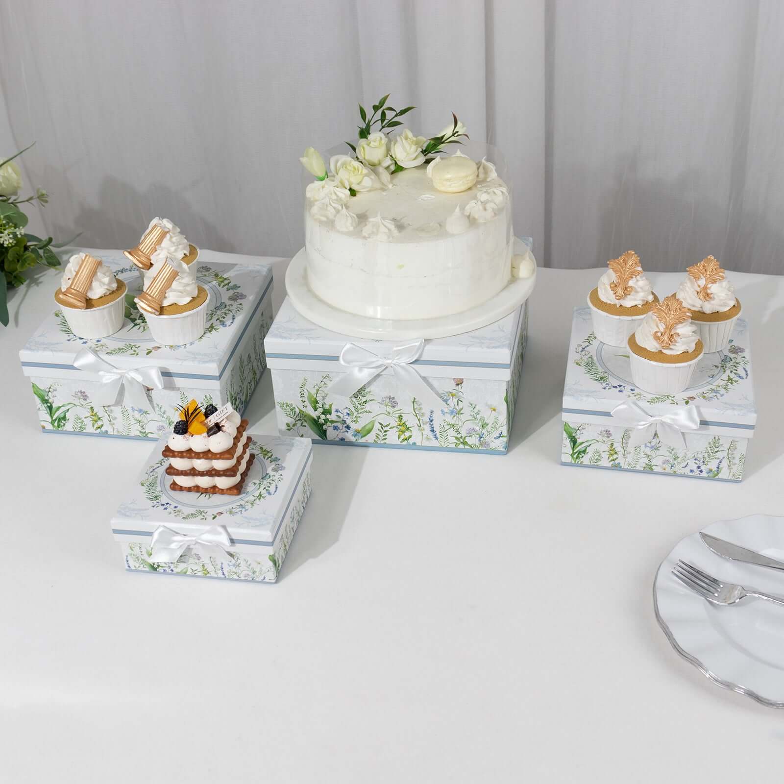 Set of 4 Cardstock Round Nesting Gift Boxes White Green Floral Design - Decorative Heavy Duty Stackable Keepsake Boxes With Lids for Presents Storage & Pedestal Stand 5",7",8",9"