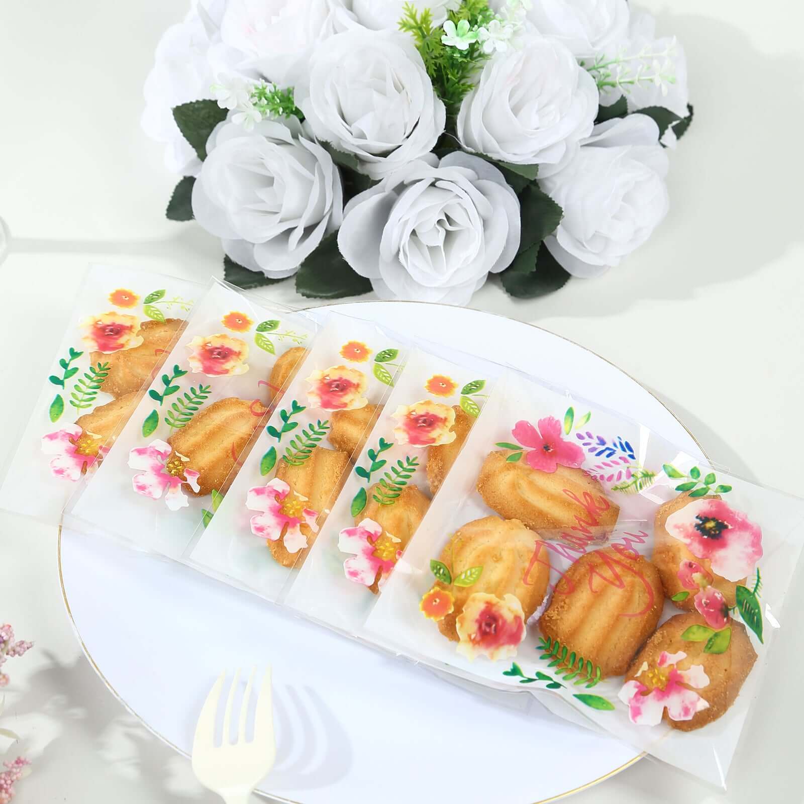 100-Pack PVC Cookie Candy Bags White/Clear - Decorative Self Adhesive Goodie Bags With "Thank You" Print & Floral Accents for Stylish Wedding Birthday Party Favors 6"x7"