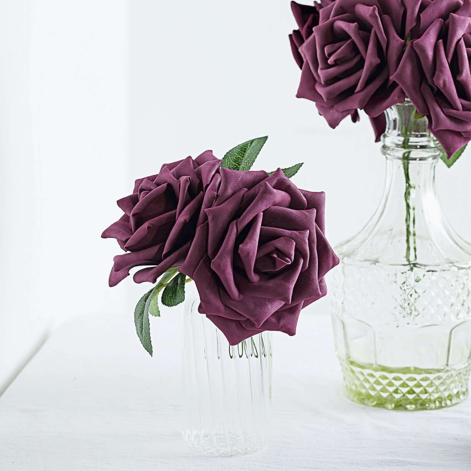 24 Roses 5" Eggplant Artificial Foam Flowers With Stem Wire and Leaves