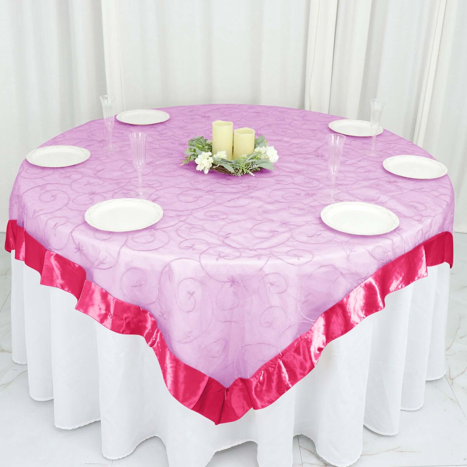 72"x72" Fuchsia Embroidered Sheer Organza Square Table Overlay With Satin Edge