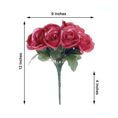 12" Fuchsia Artificial Velvet-Like Fabric Rose Flower Bouquet Bush