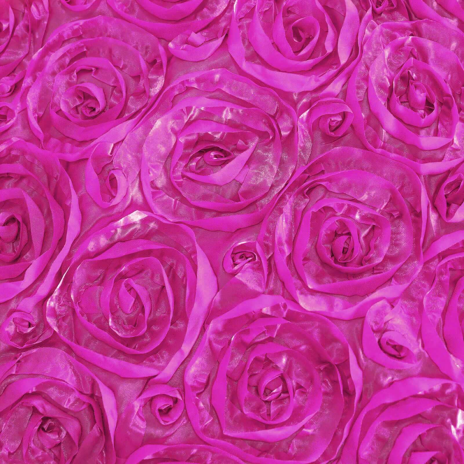Satin 120" Round Tablecloth Fuchsia - Grandiose 3D Rosette with Seamless Finish Table Cover