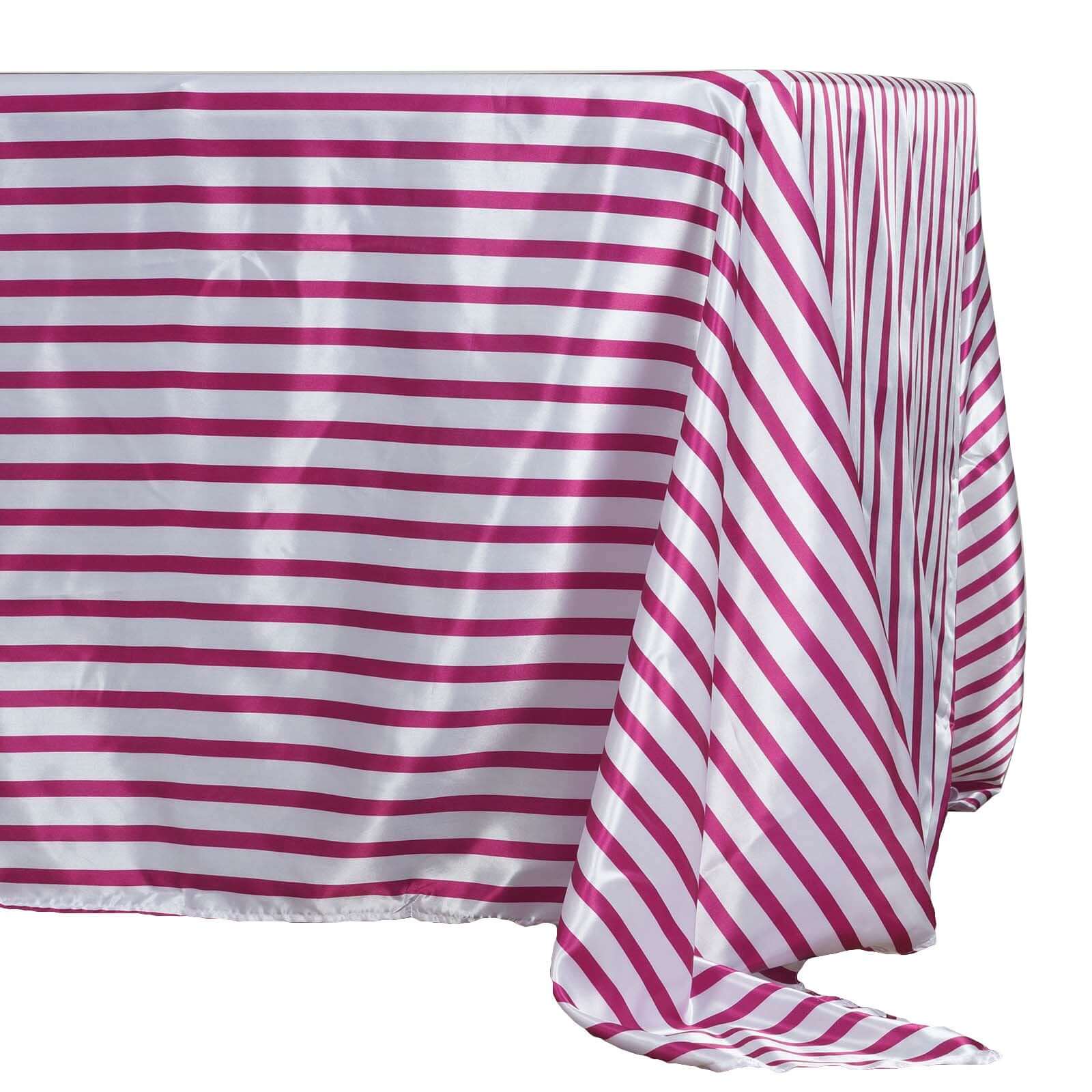 Satin 60"x126" Rectangle Tablecloth White/Fuchsia - Stripe Design with Smooth Finish Table Cover